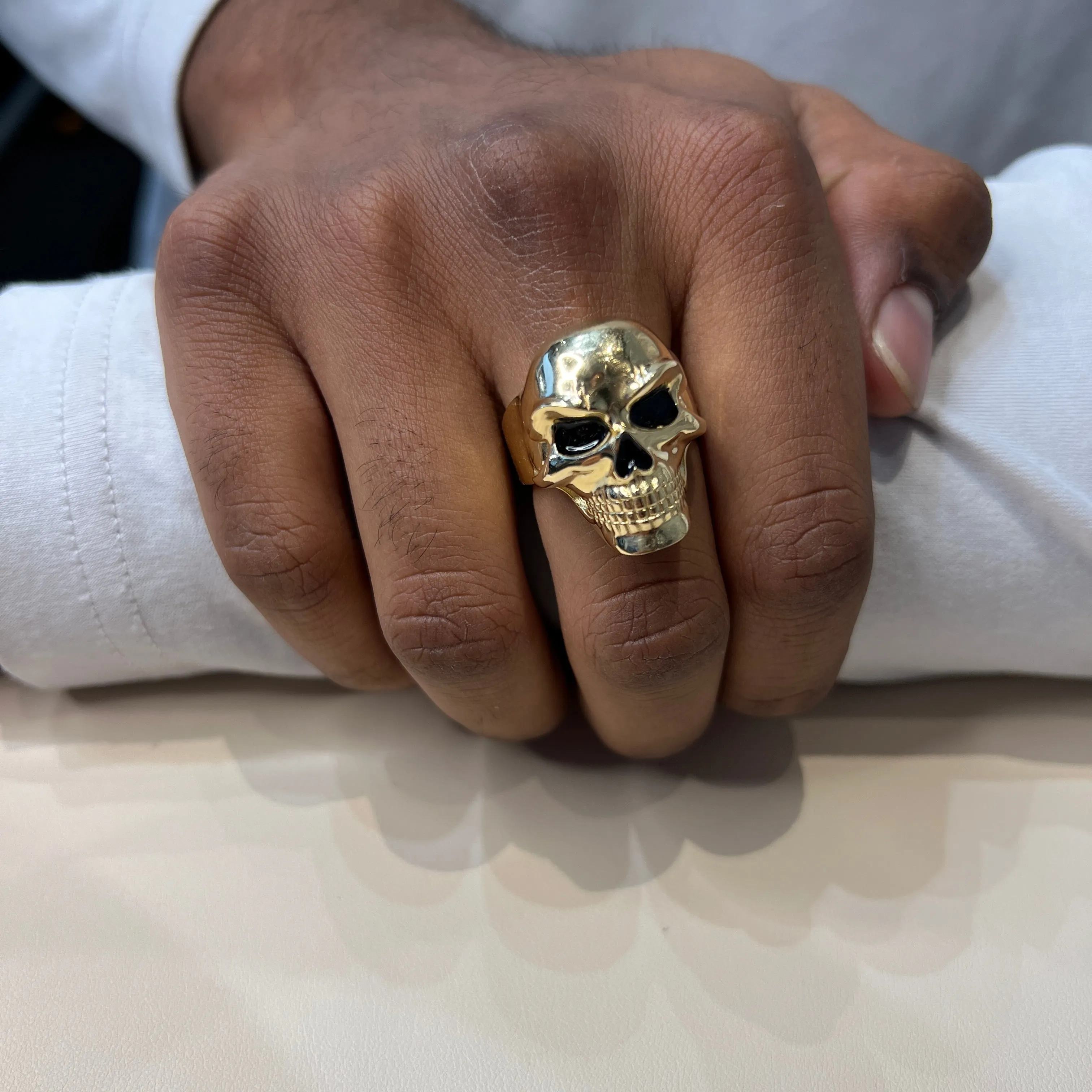 10K Yellow Gold Skull Ring With Black Enamel