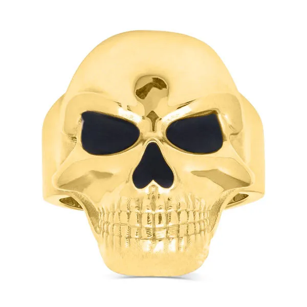 10K Yellow Gold Skull Ring With Black Enamel