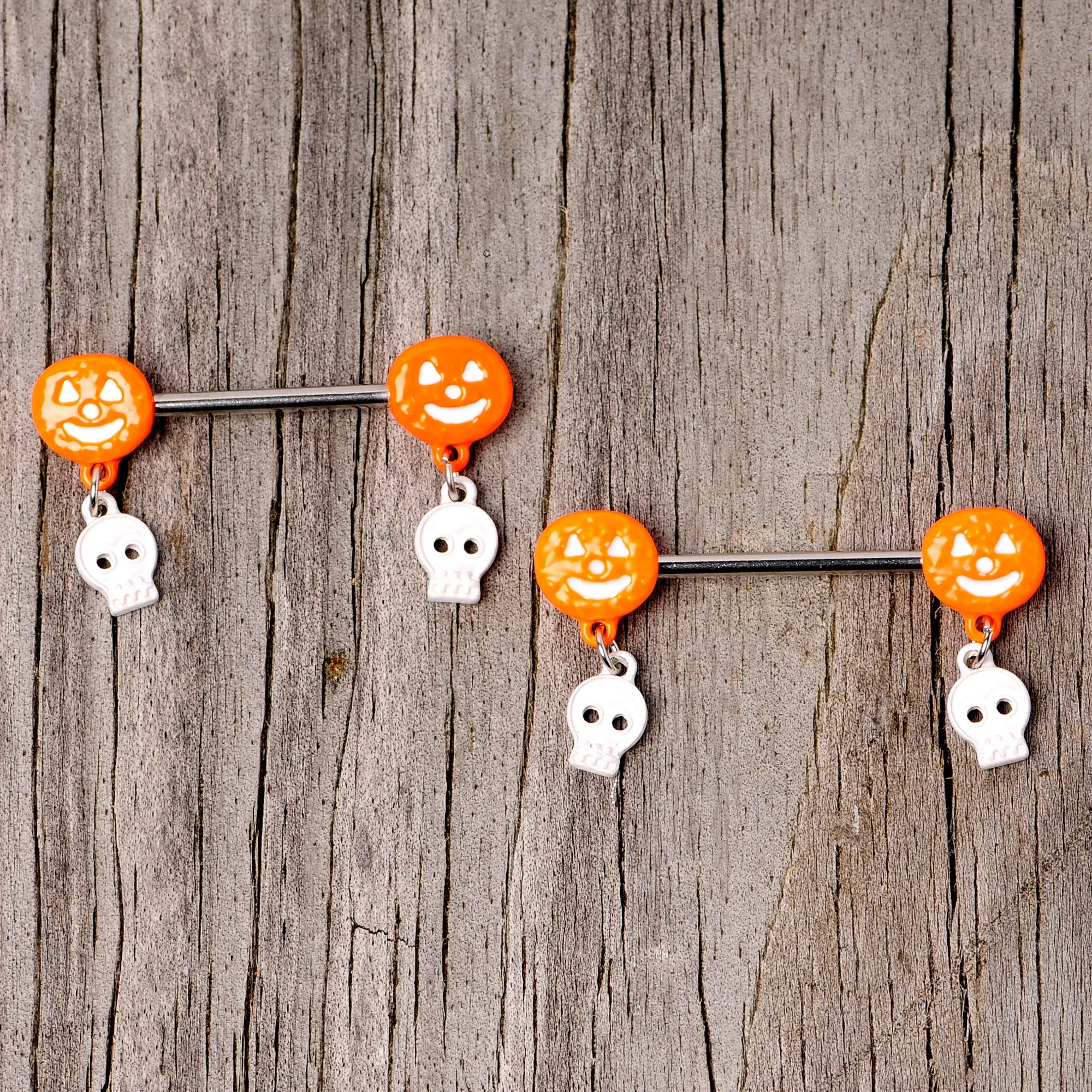 14 Gauge 5/8 Orange Pumpkin Skull Halloween Dangle Nipple Ring Set
