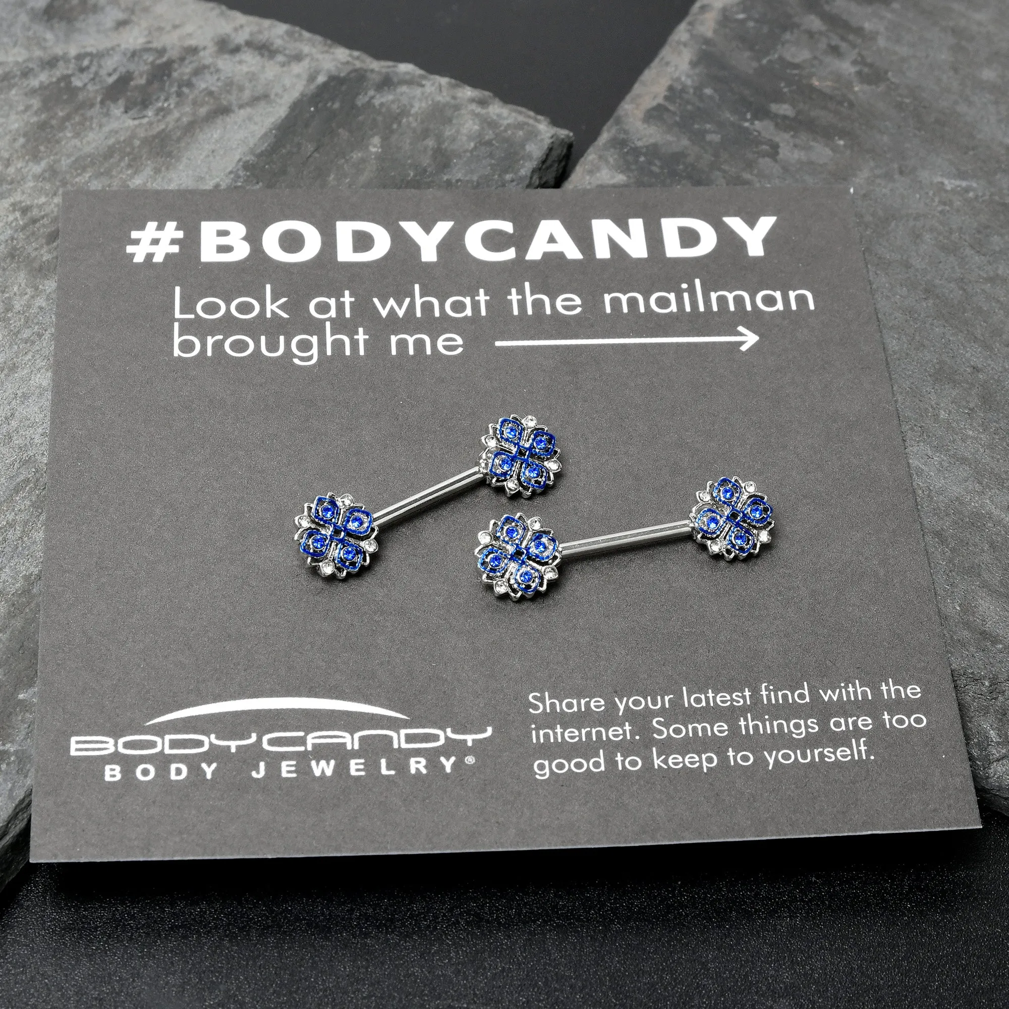14 Gauge 9/16 Clear Blue Gem Embellished Cross Barbell Nipple Ring Set