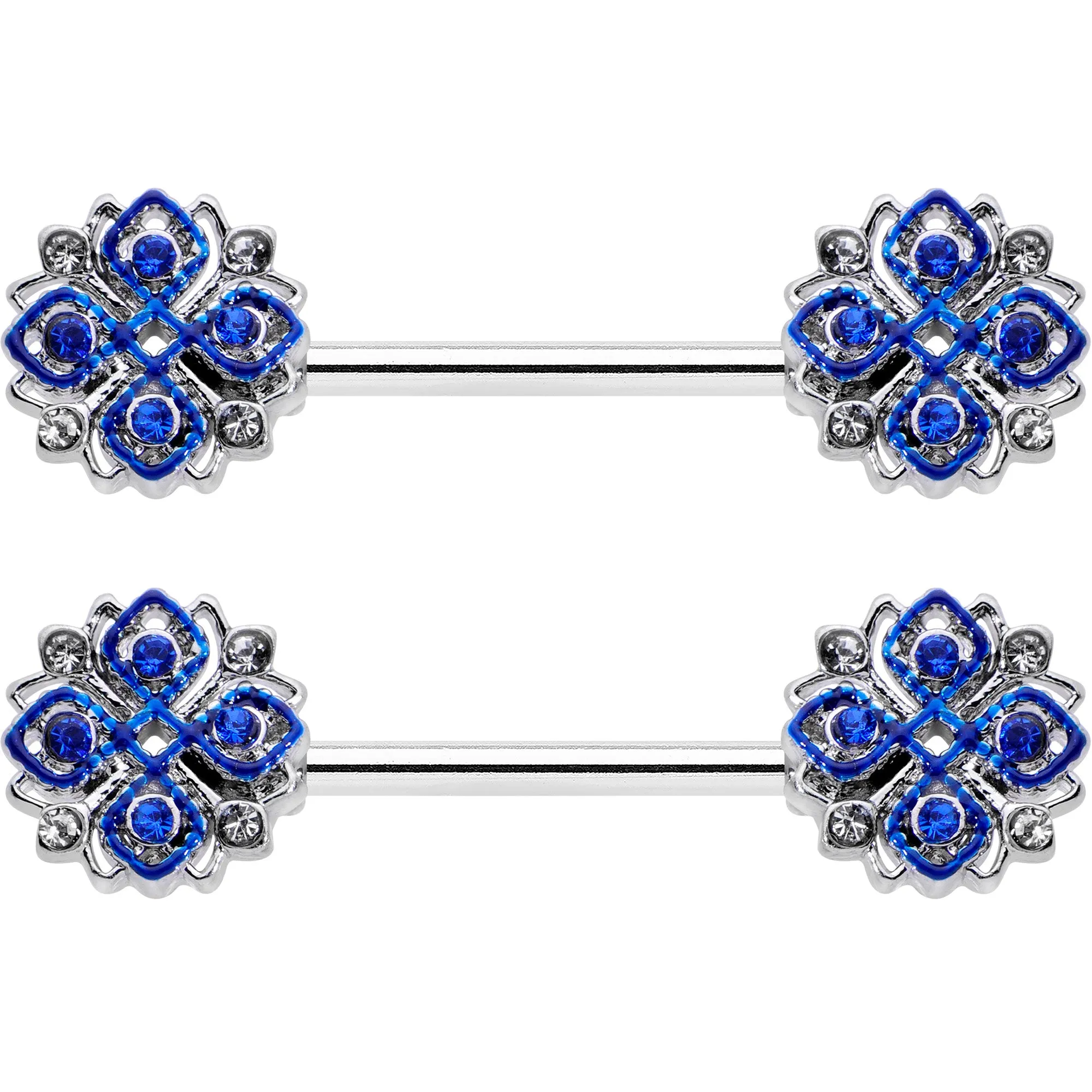 14 Gauge 9/16 Clear Blue Gem Embellished Cross Barbell Nipple Ring Set