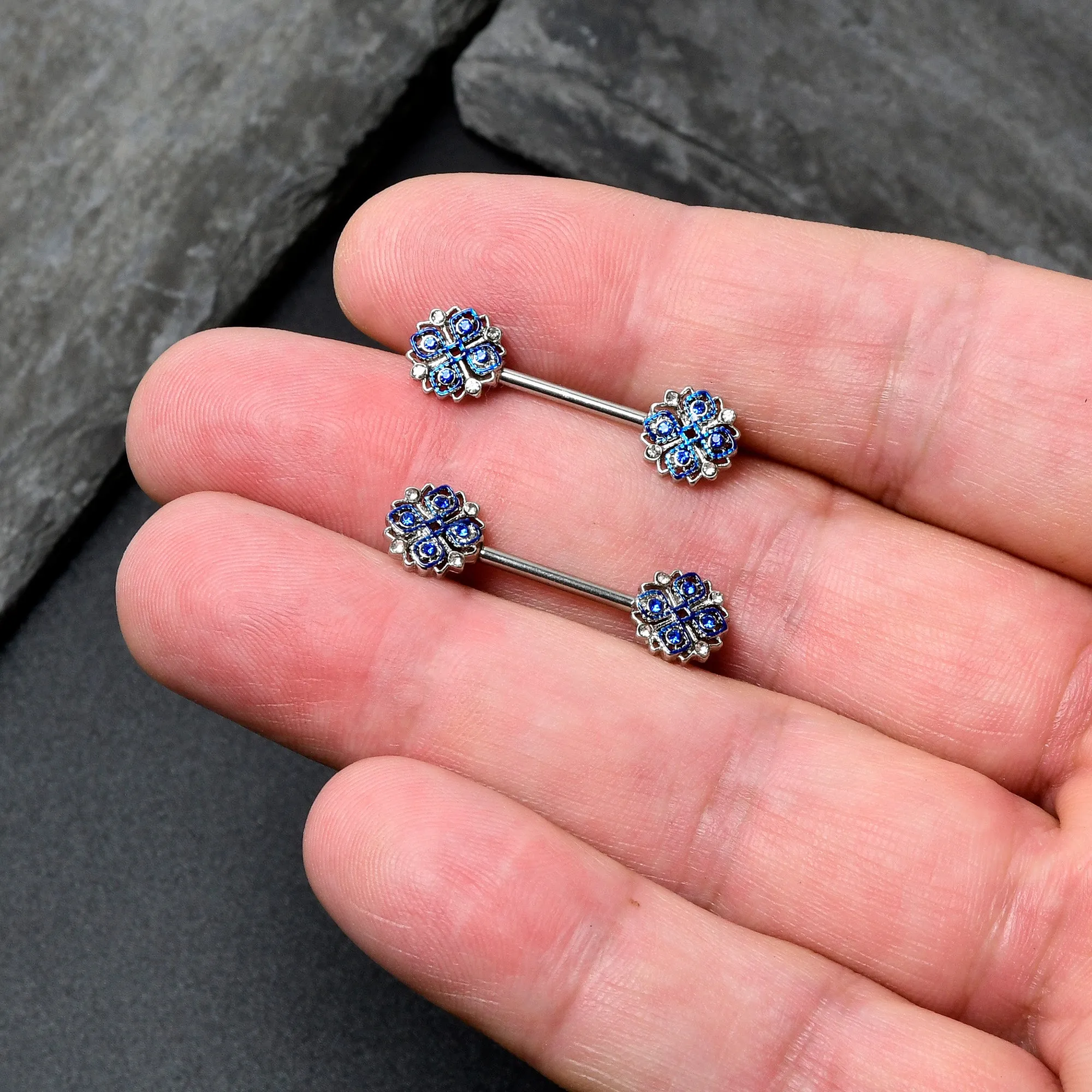 14 Gauge 9/16 Clear Blue Gem Embellished Cross Barbell Nipple Ring Set