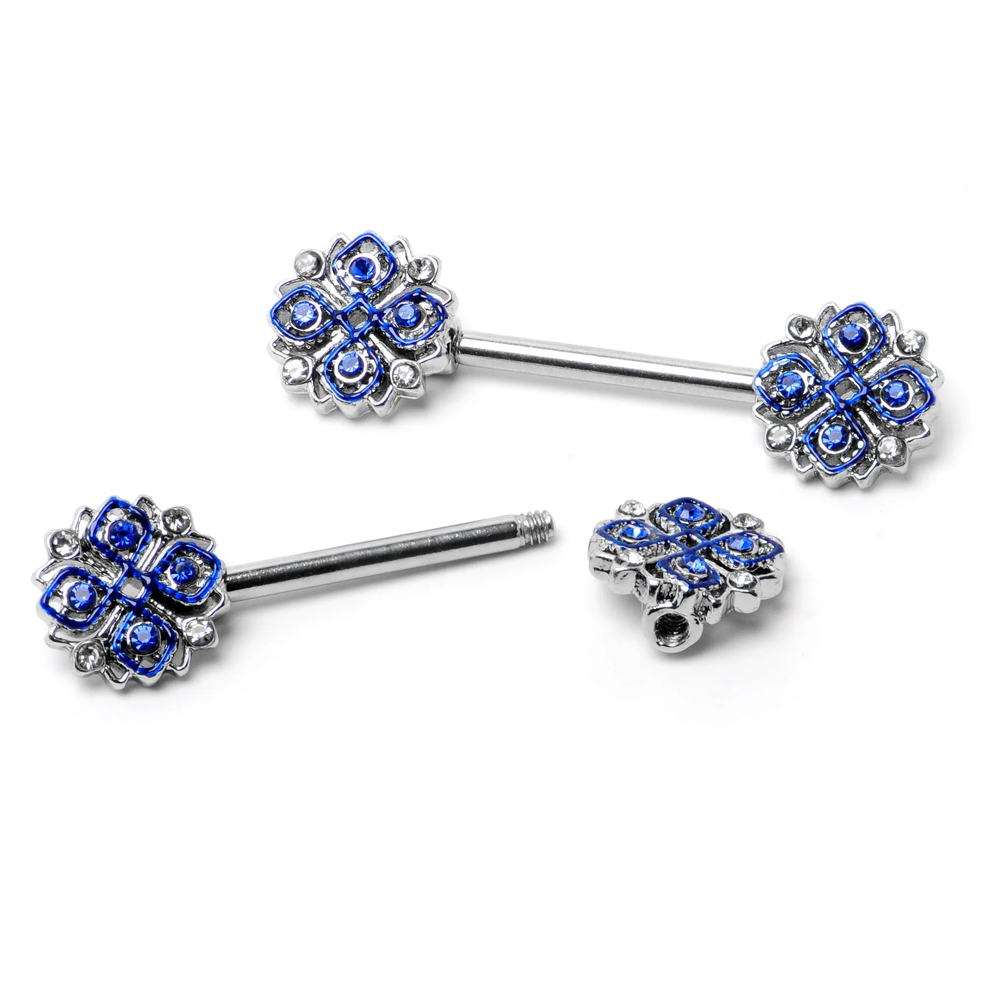 14 Gauge 9/16 Clear Blue Gem Embellished Cross Barbell Nipple Ring Set