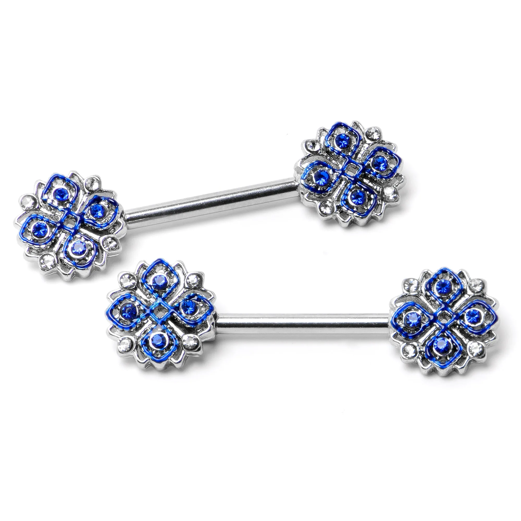 14 Gauge 9/16 Clear Blue Gem Embellished Cross Barbell Nipple Ring Set