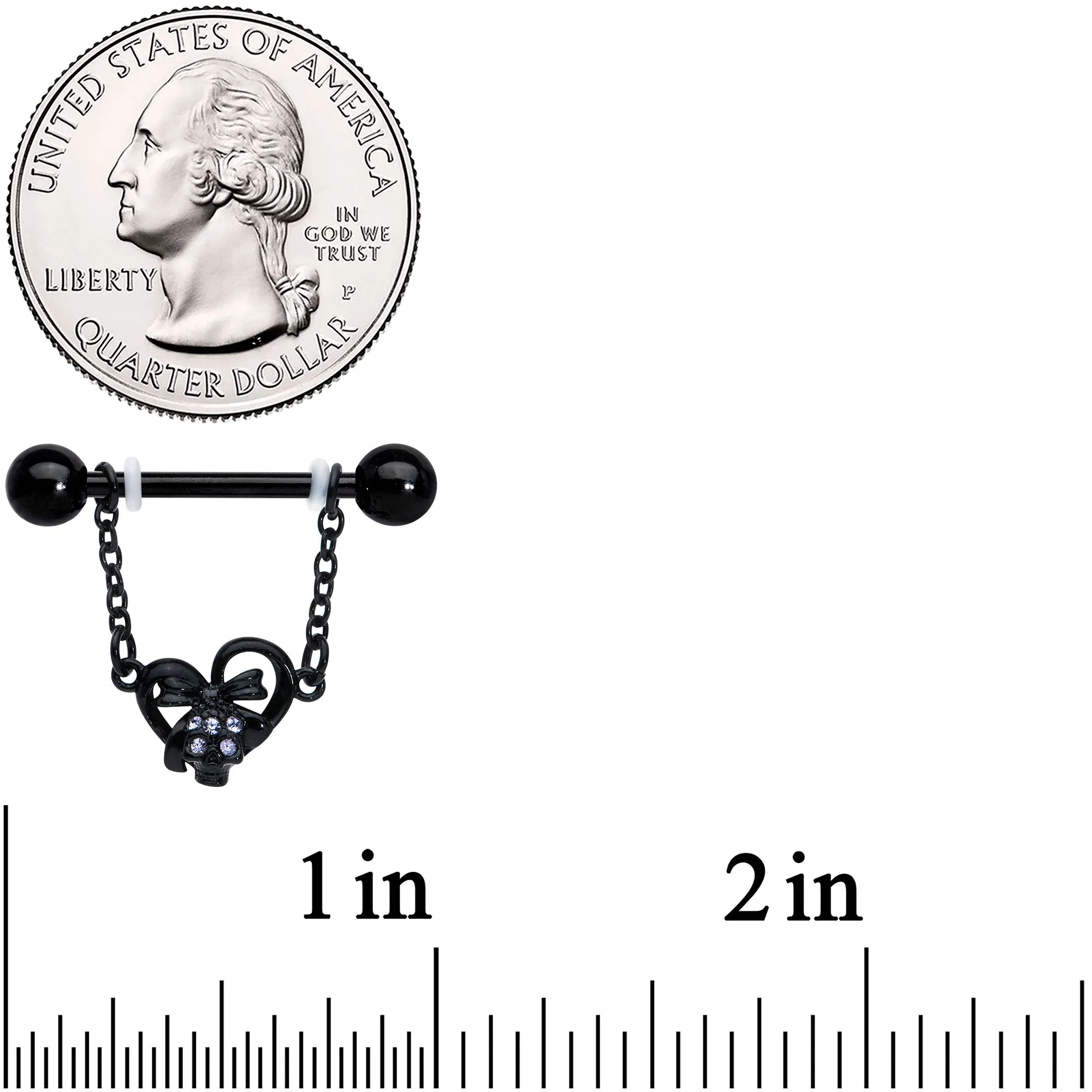 14 Gauge 9/16 Clear Gem Black Skull Bow Heart Dangle Nipple Ring Set