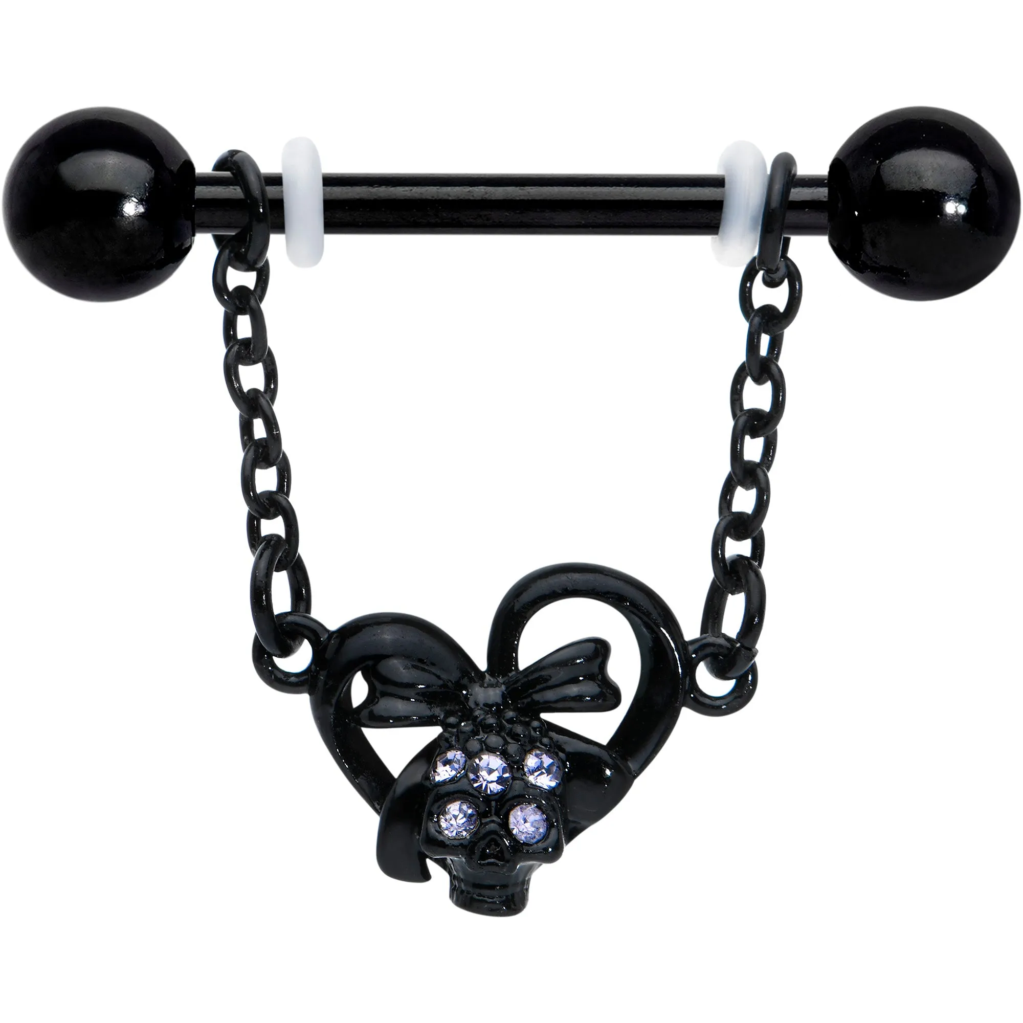 14 Gauge 9/16 Clear Gem Black Skull Bow Heart Dangle Nipple Ring Set