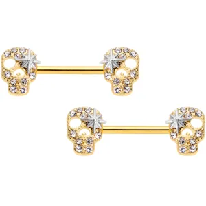 14 Gauge 9/16 Clear Gem Gold Tone Star Skull Barbell Nipple Ring Set