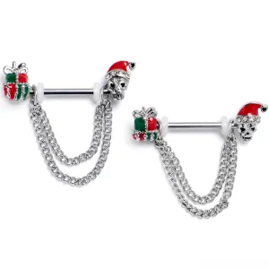 14 Gauge 9/16 Clear Gem Santa Skull Gift Chain Dangle Nipple Ring Set