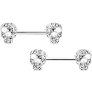 14 Gauge 9/16 Clear Gem Star Skull Barbell Nipple Ring Set