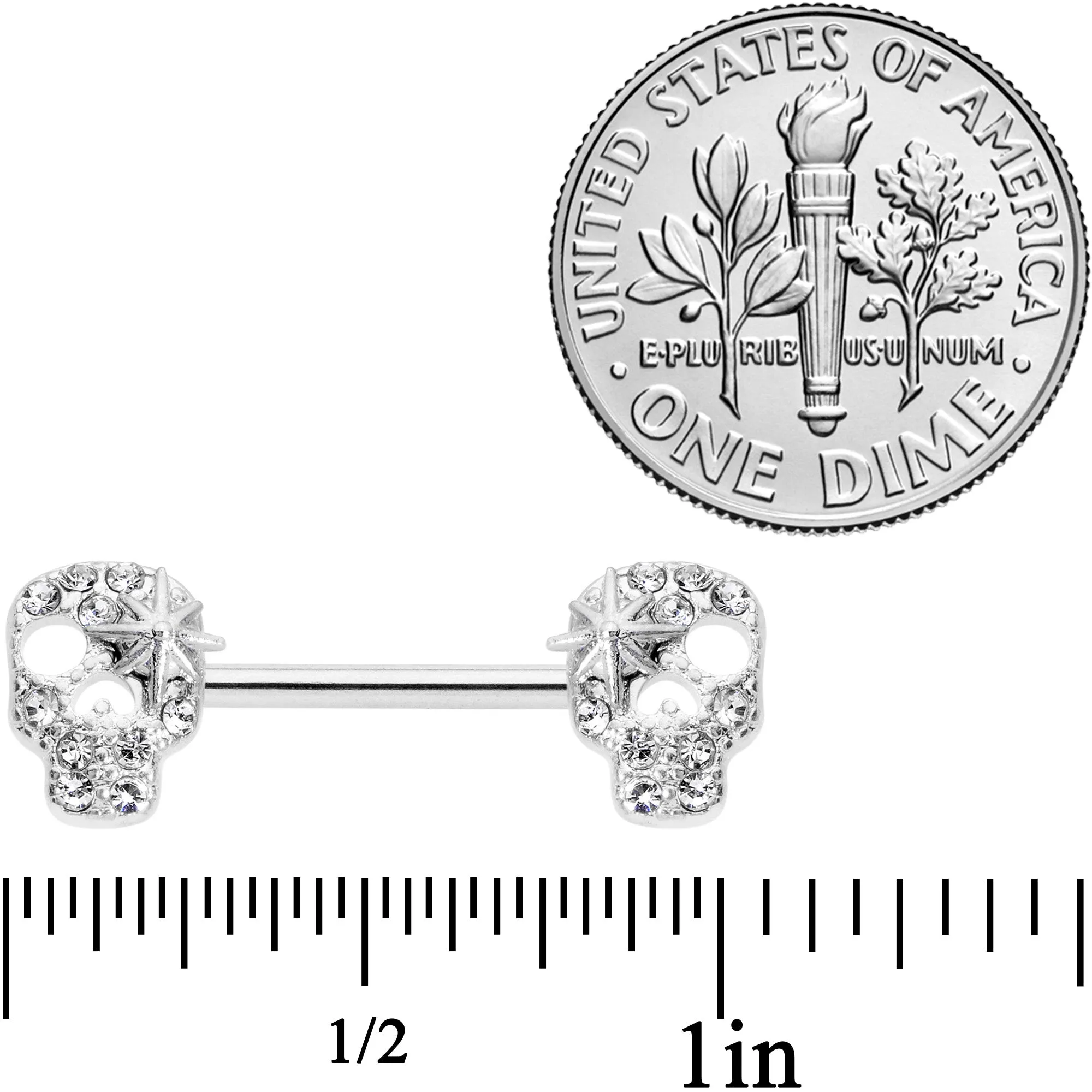 14 Gauge 9/16 Clear Gem Star Skull Barbell Nipple Ring Set
