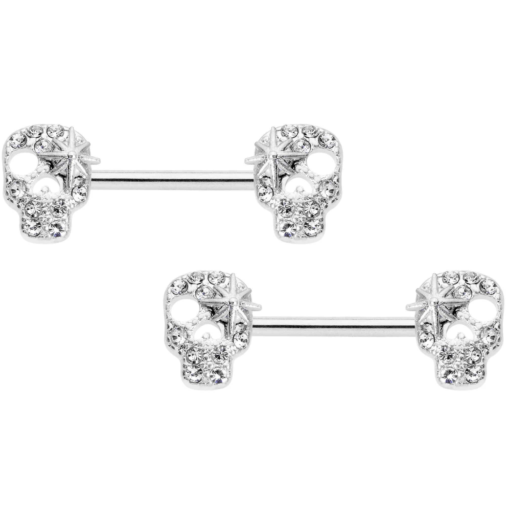 14 Gauge 9/16 Clear Gem Star Skull Barbell Nipple Ring Set