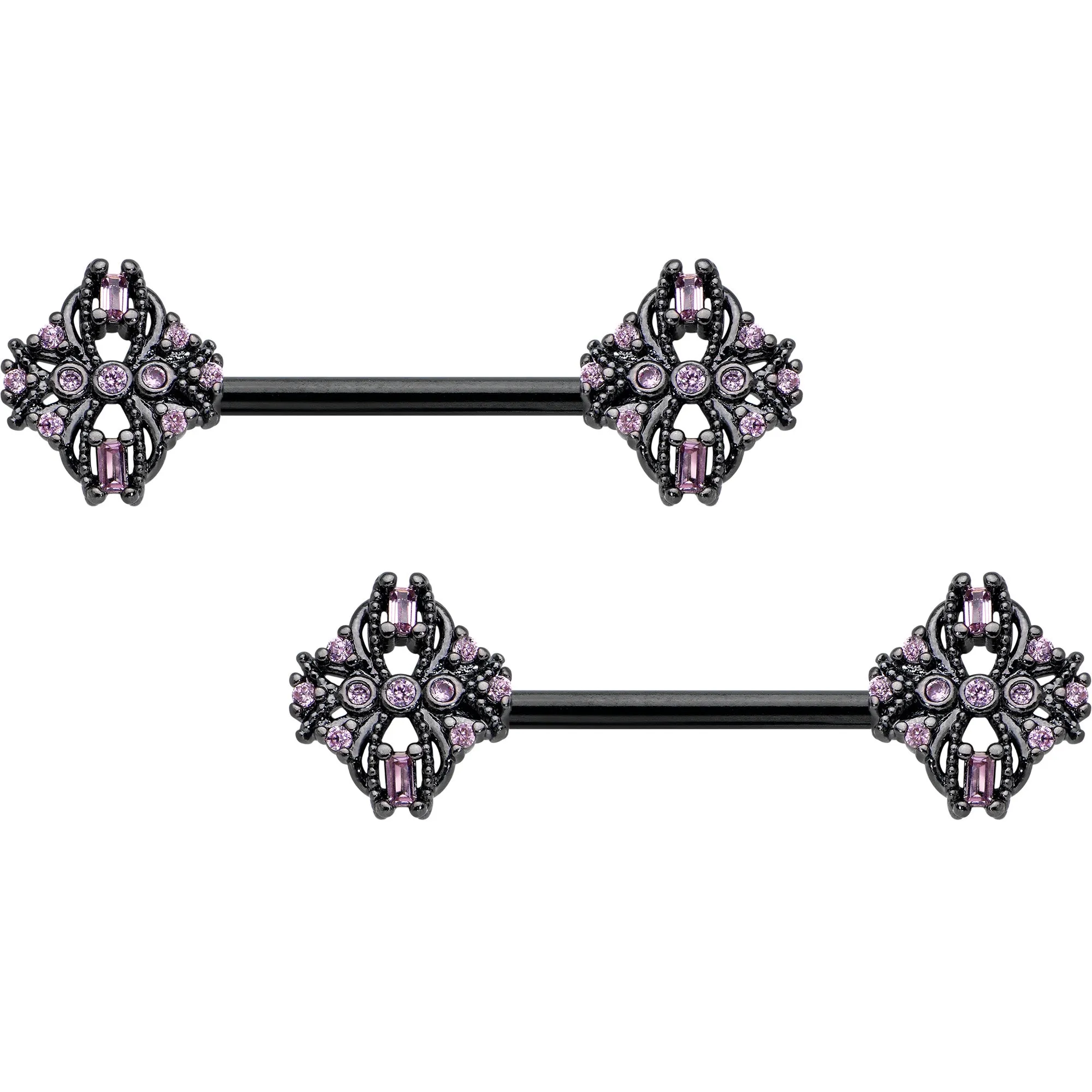 14 Gauge 9/16 Pink Gem Black Opulent Cross Barbell Nipple Ring Set