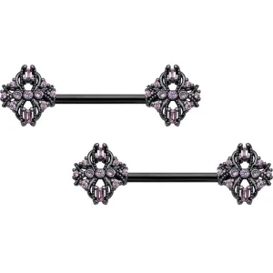 14 Gauge 9/16 Pink Gem Black Opulent Cross Barbell Nipple Ring Set