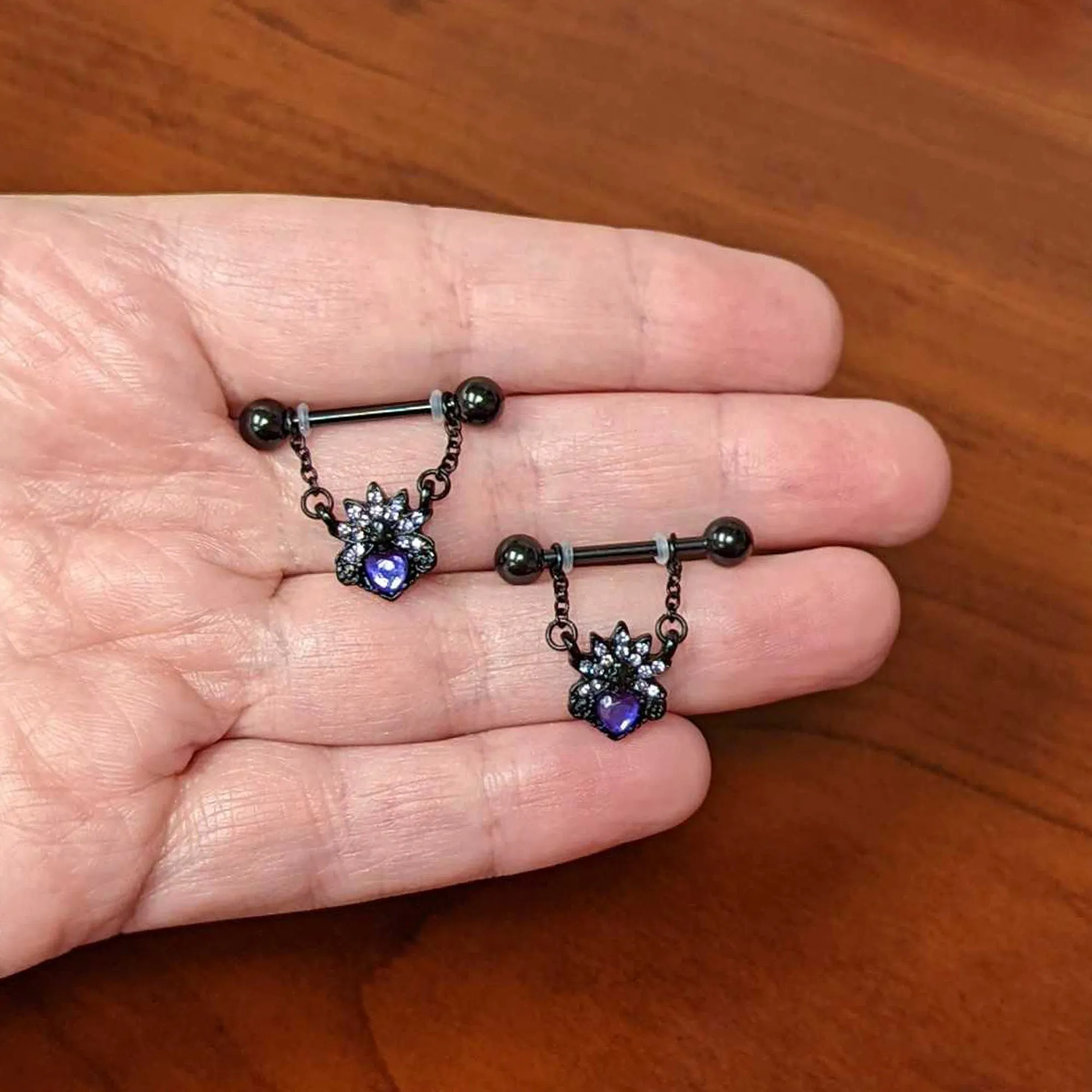 14 Gauge 9/16 Purple Gem Black Skull Blossom Dangle Nipple Ring Set