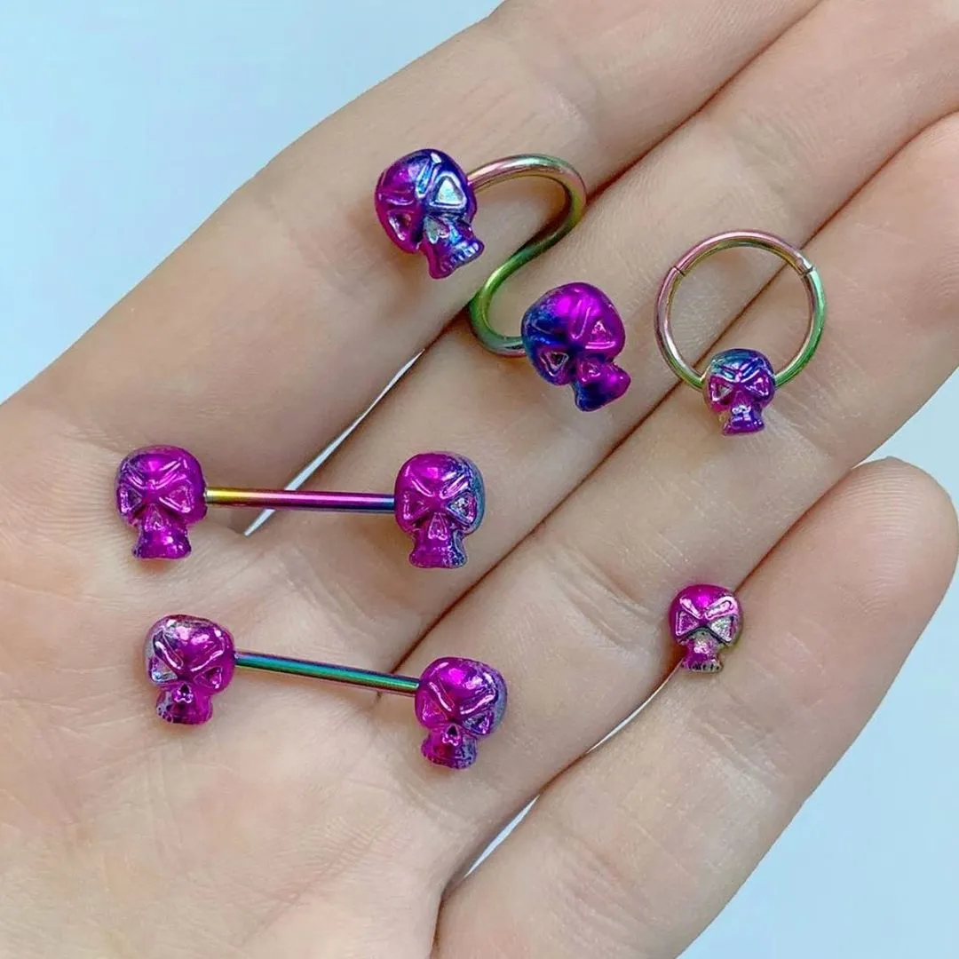 14 Gauge 9/16 Rainbow Plated Scary Skull Barbell Nipple Ring Set