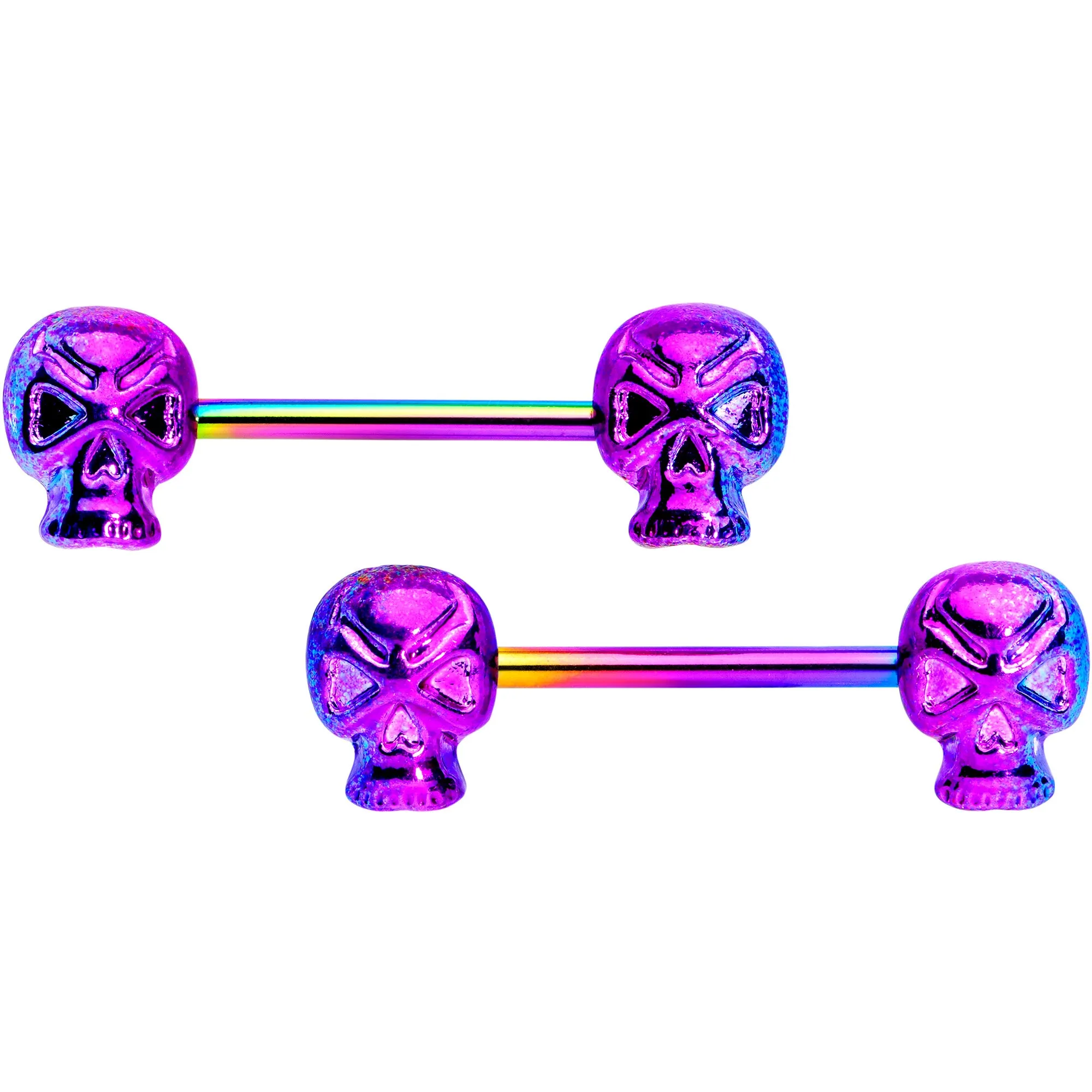 14 Gauge 9/16 Rainbow Plated Scary Skull Barbell Nipple Ring Set