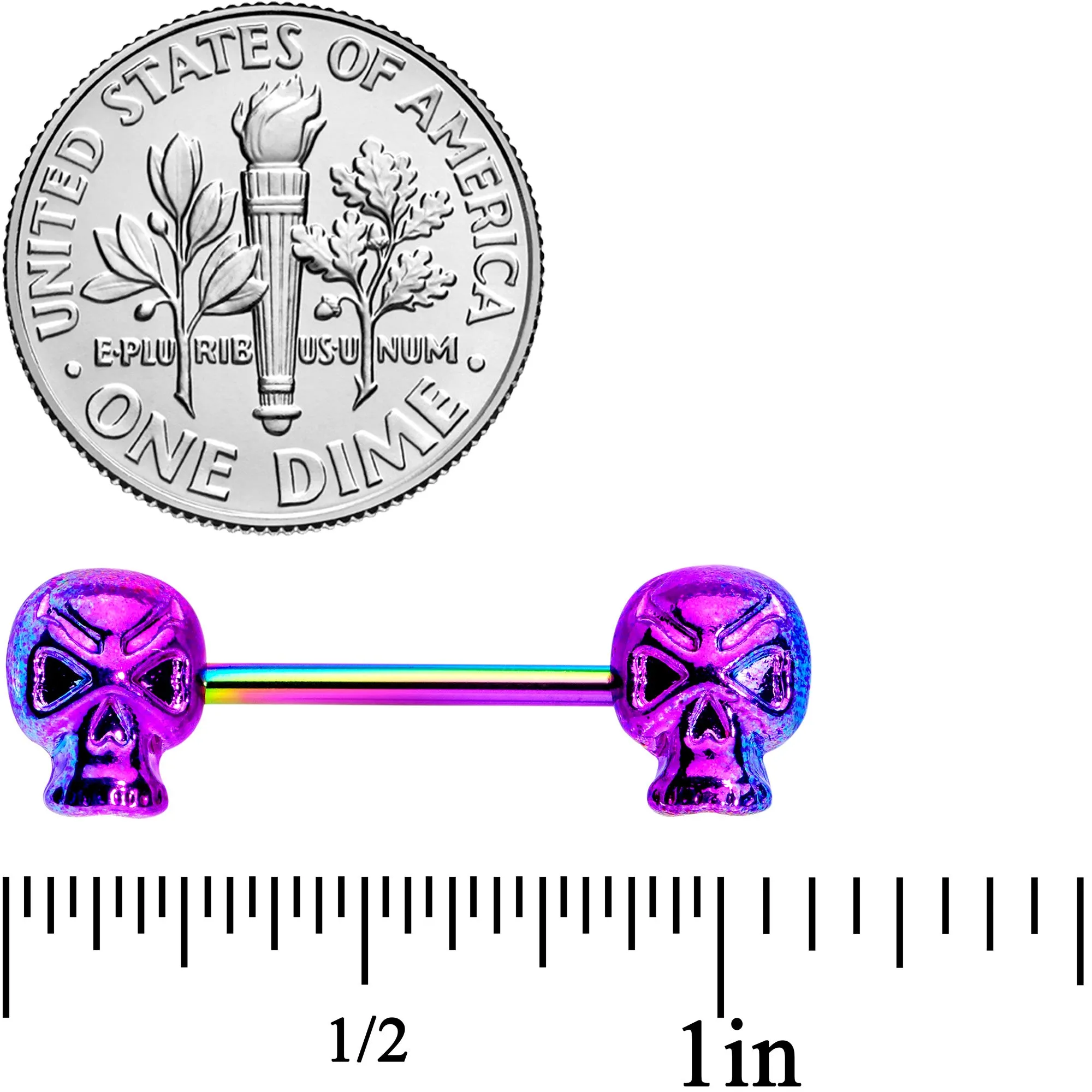 14 Gauge 9/16 Rainbow Plated Scary Skull Barbell Nipple Ring Set