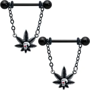 14 Gauge 9/16 Red Gem Black Pot Leaf Skull Chain Dangle Nipple Ring Set