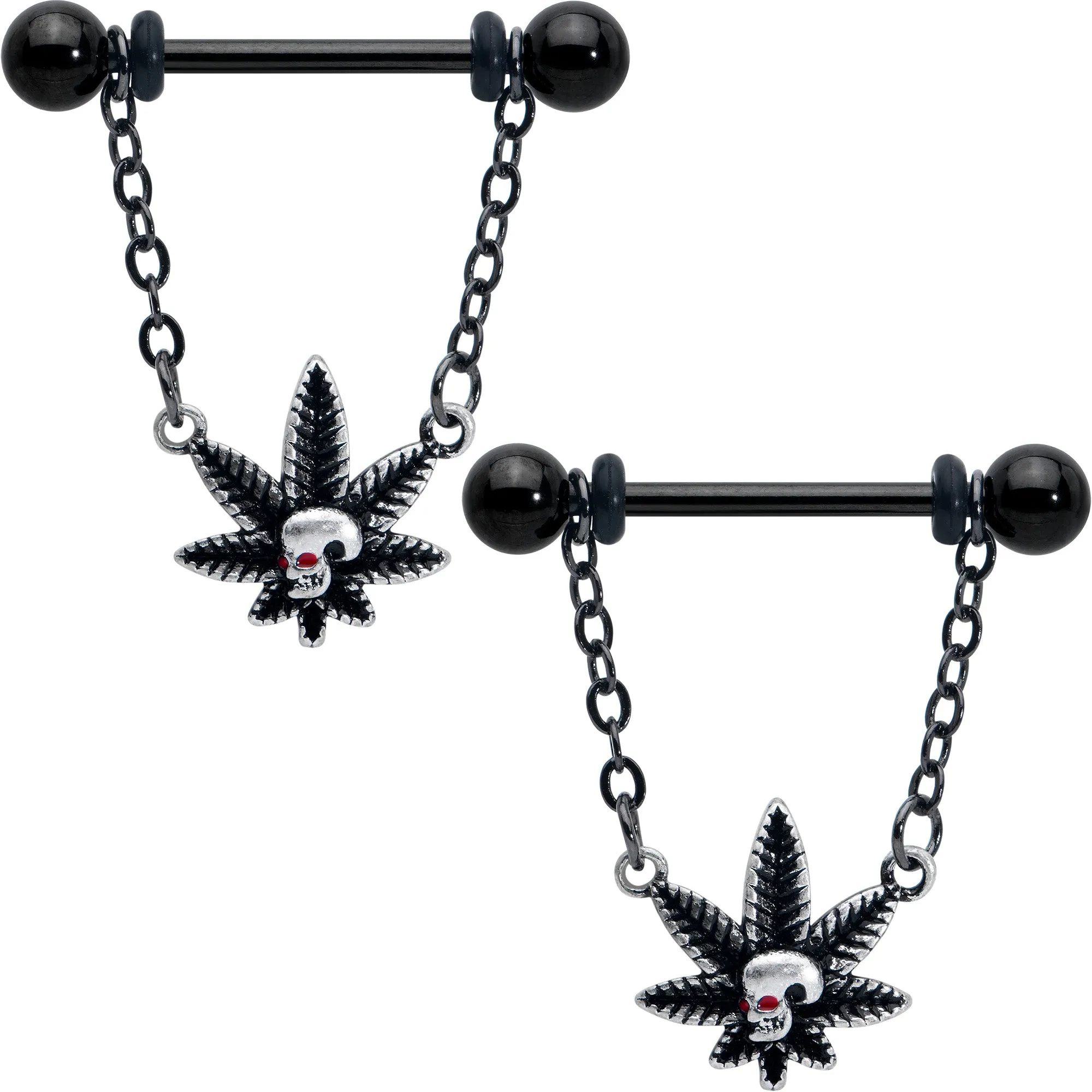 14 Gauge 9/16 Red Gem Black Pot Leaf Skull Chain Dangle Nipple Ring Set
