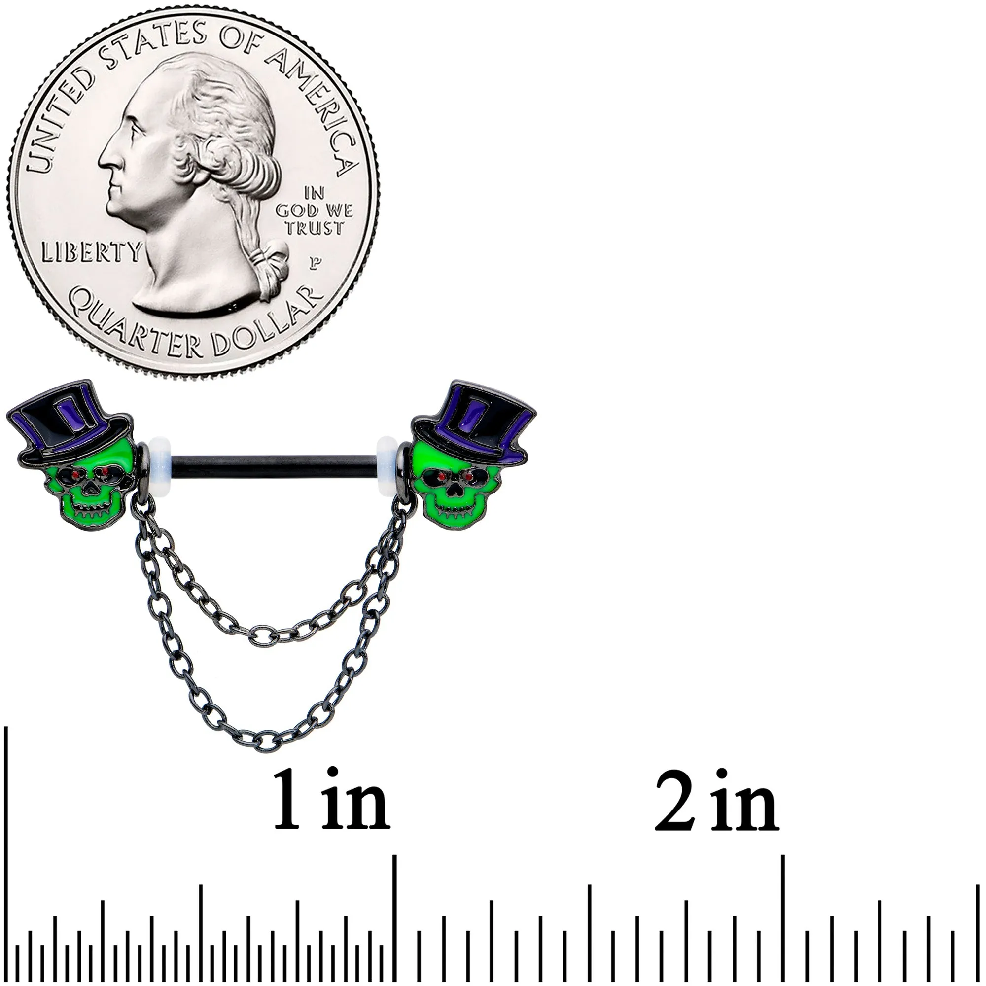 14 Gauge Green Top Hat Skull Halloween Dangle Nipple Ring Set