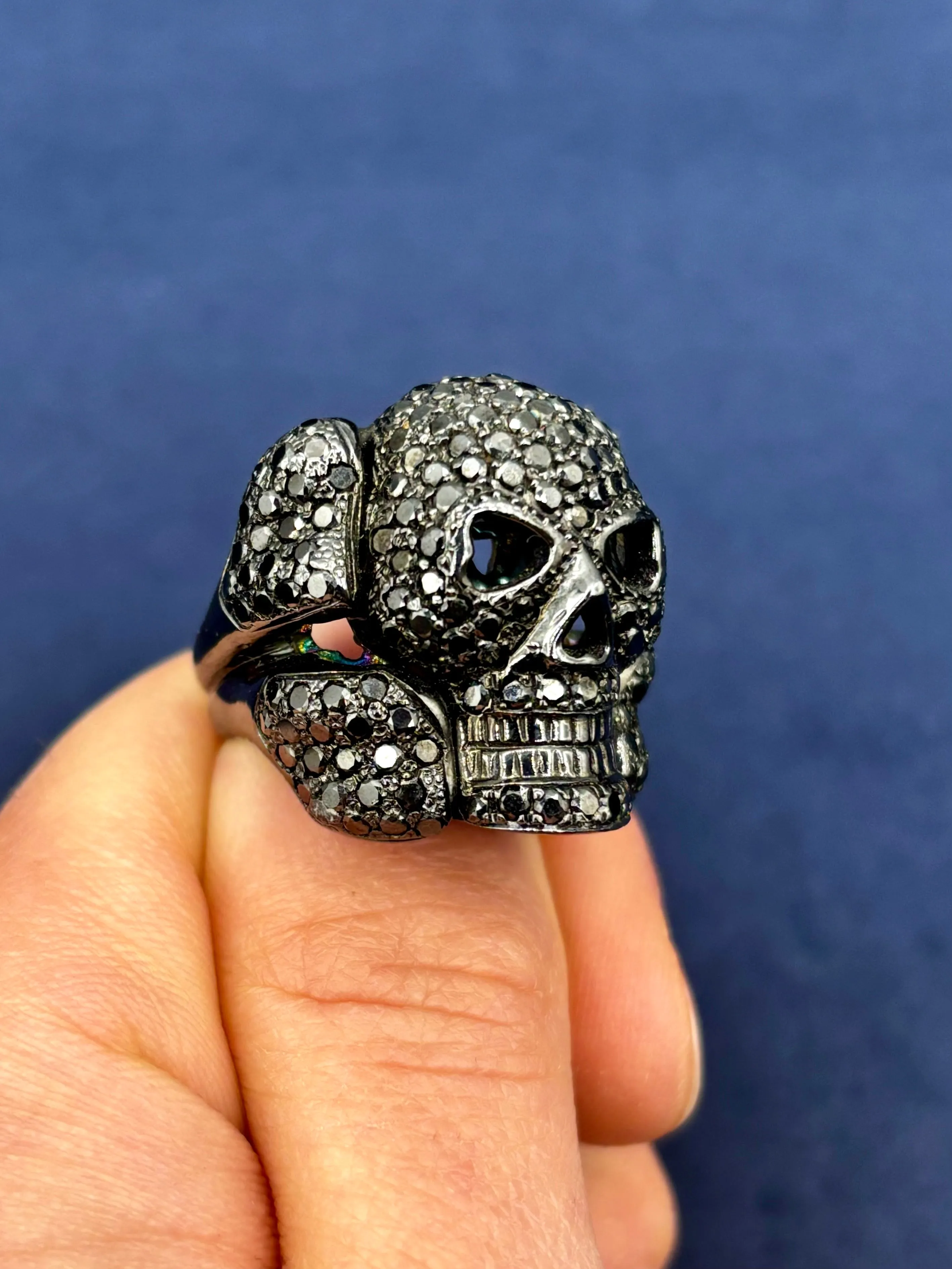 14K Black Diamond Skull and Crossbones Ring