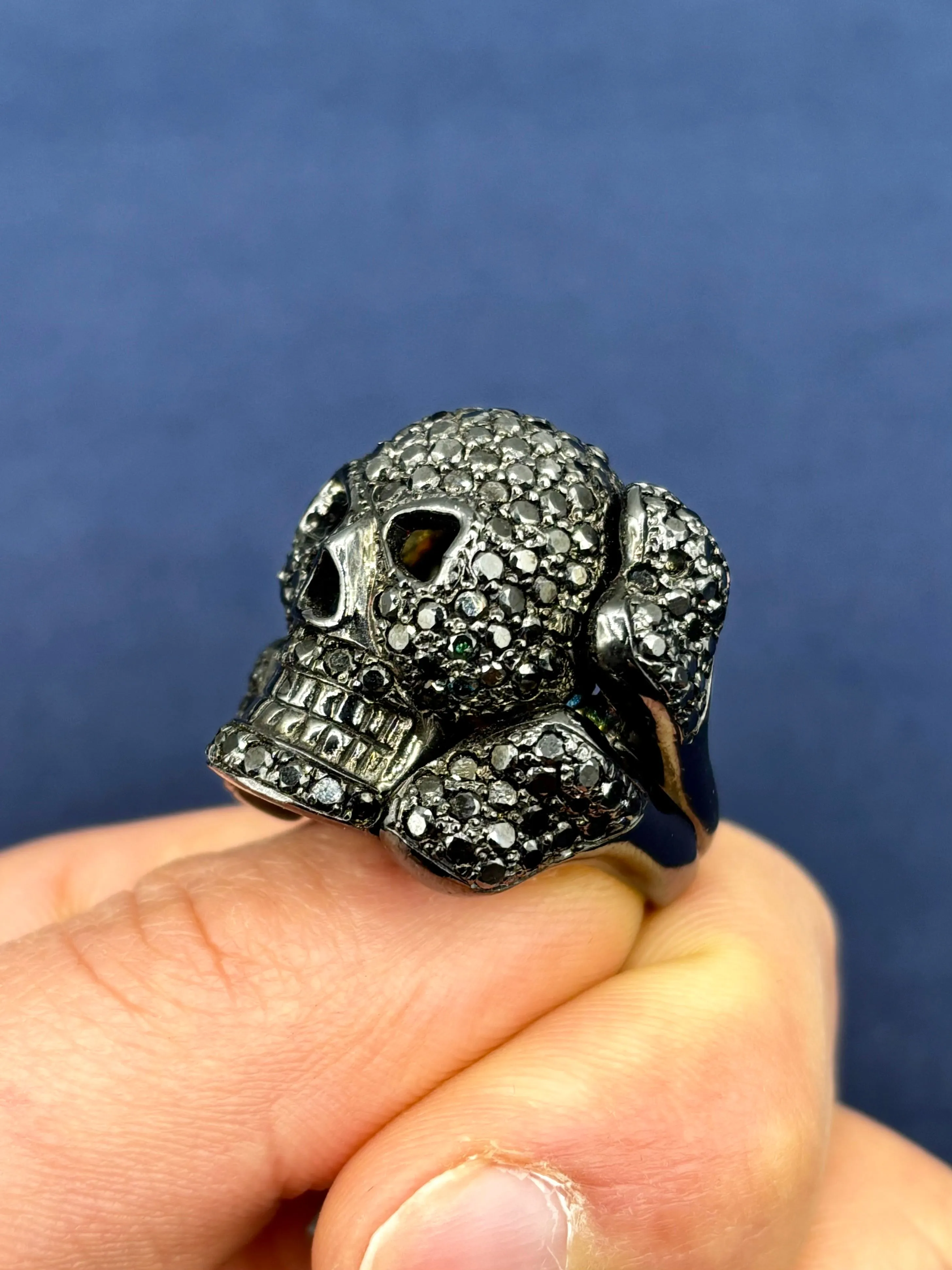 14K Black Diamond Skull and Crossbones Ring
