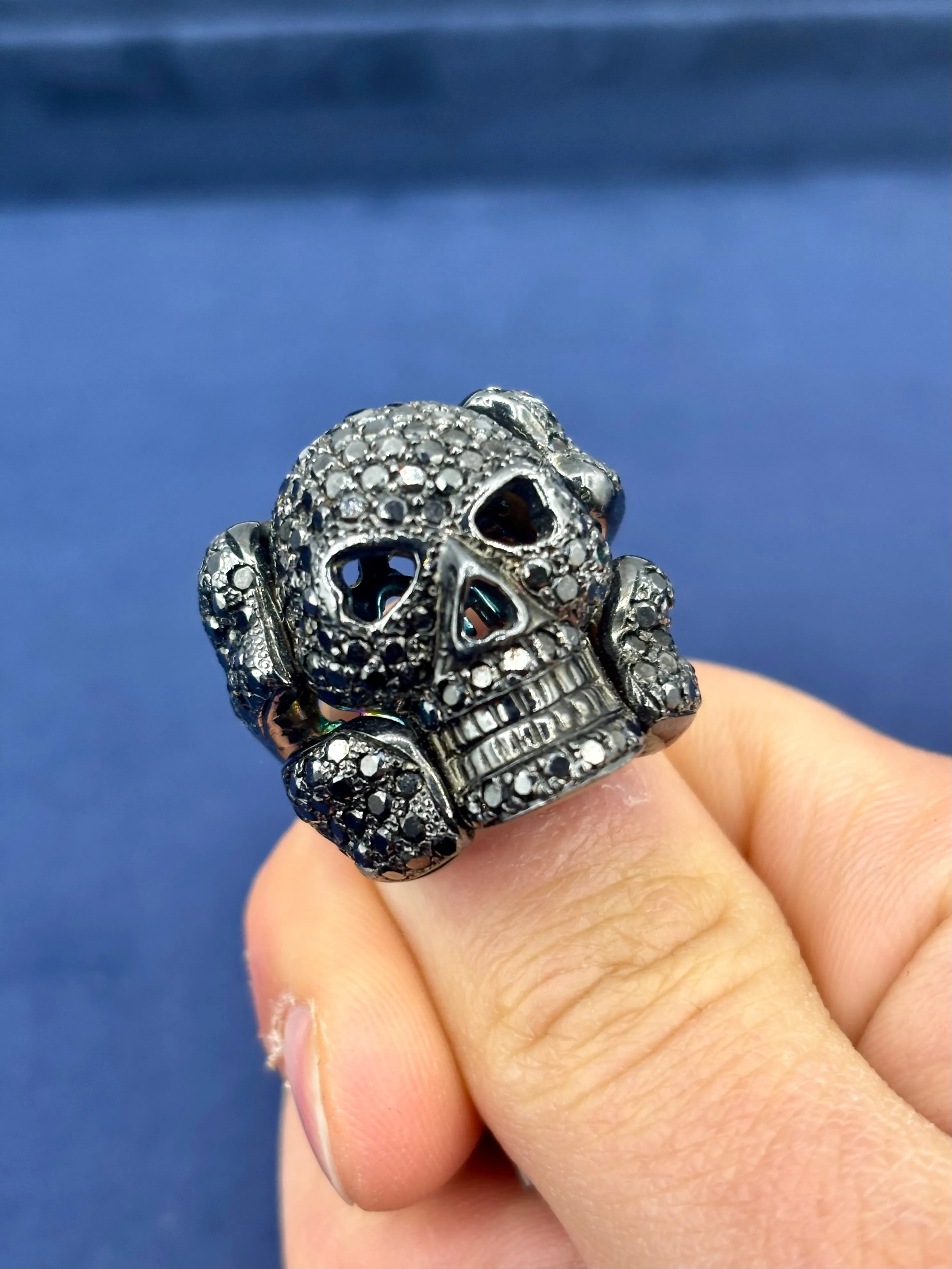 14K Black Diamond Skull and Crossbones Ring