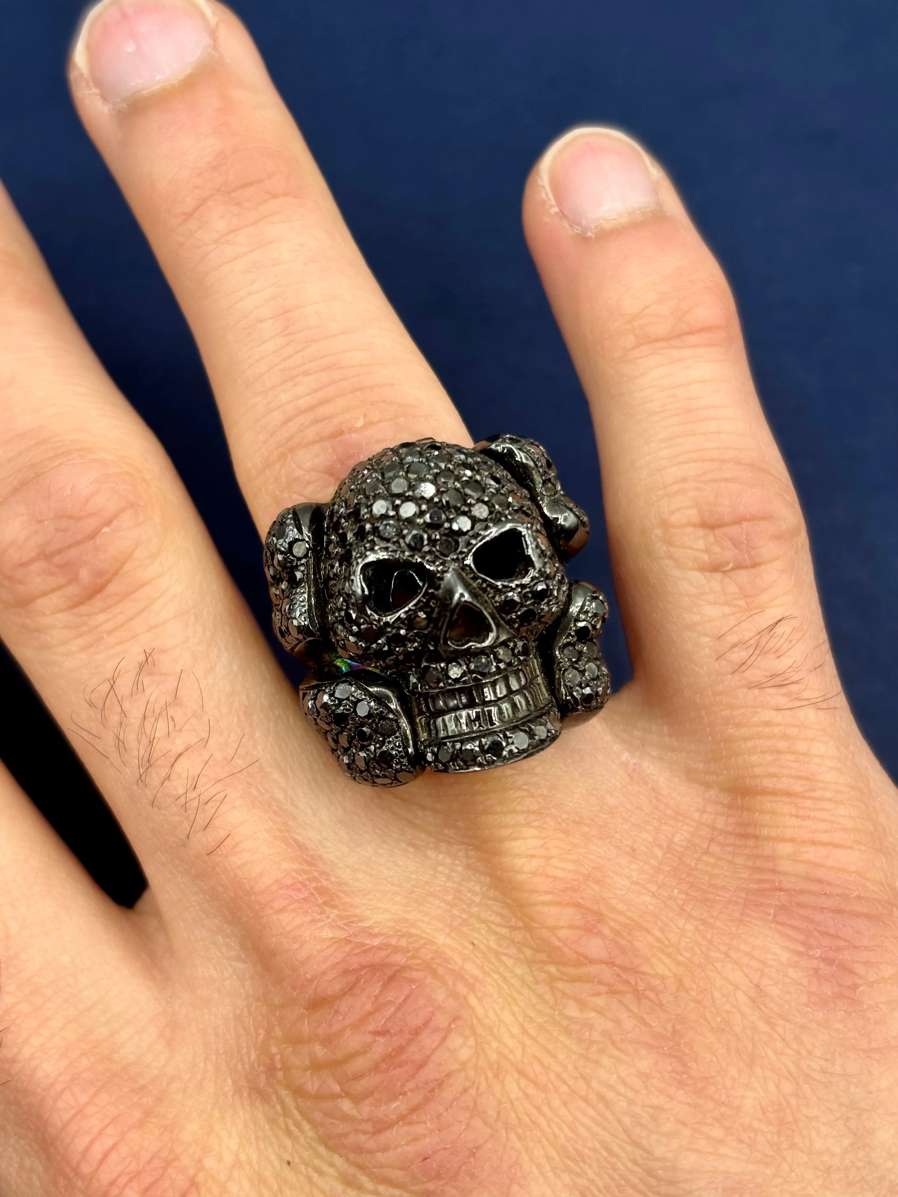 14K Black Diamond Skull and Crossbones Ring