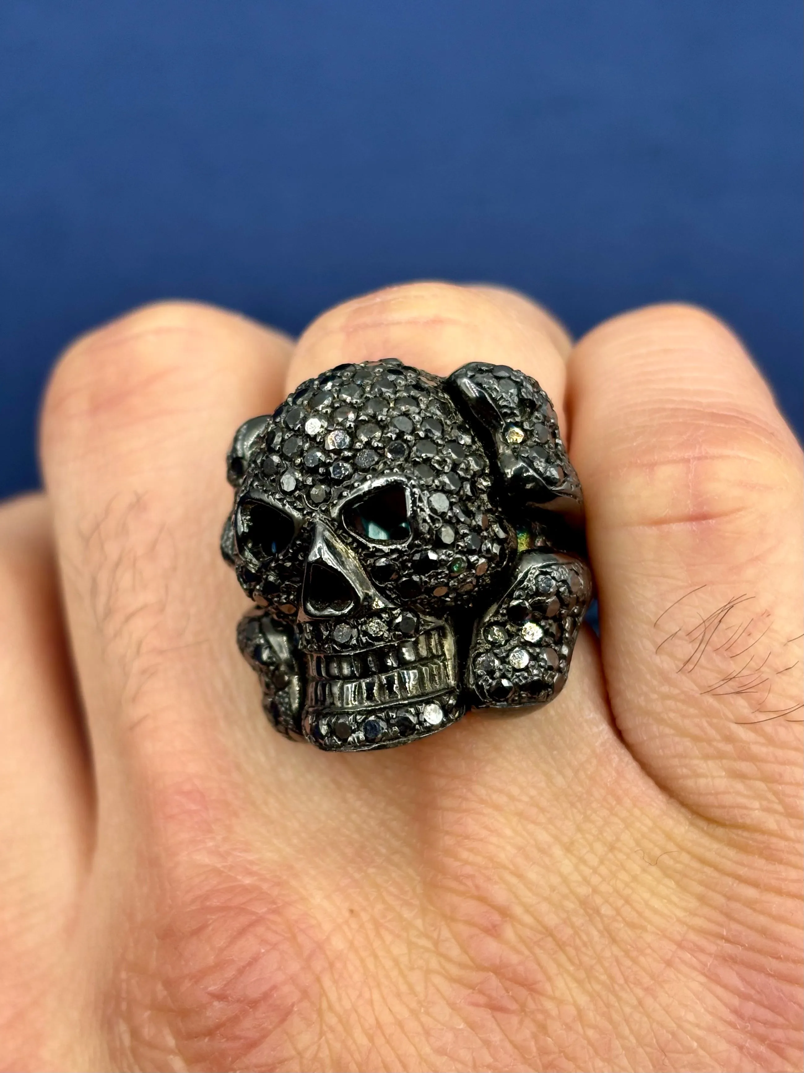 14K Black Diamond Skull and Crossbones Ring