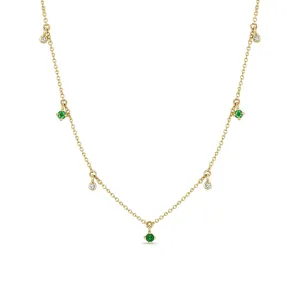 14k Dangling Mixed Round Emeralds & Diamonds Necklace