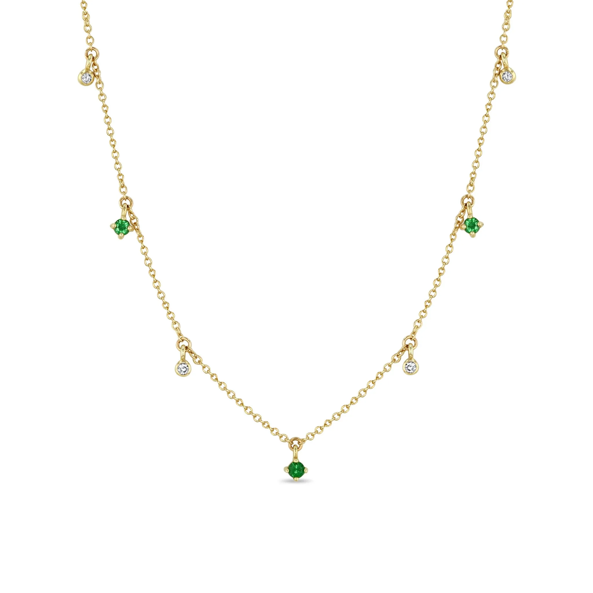 14k Dangling Mixed Round Emeralds & Diamonds Necklace