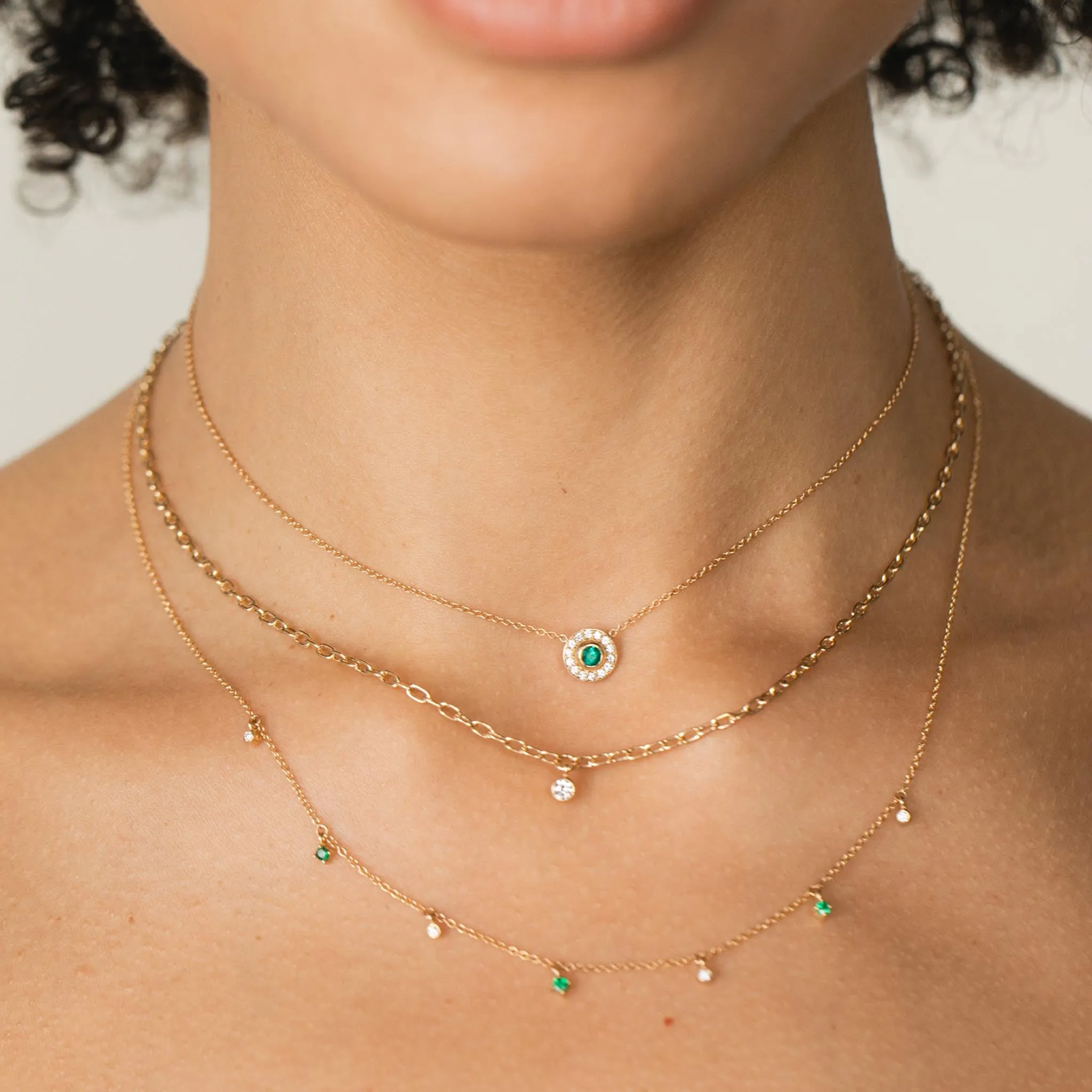 14k Dangling Mixed Round Emeralds & Diamonds Necklace
