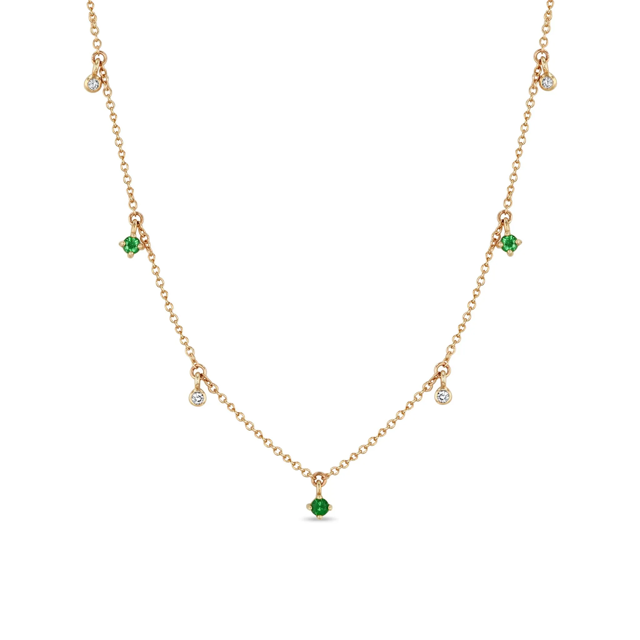 14k Dangling Mixed Round Emeralds & Diamonds Necklace