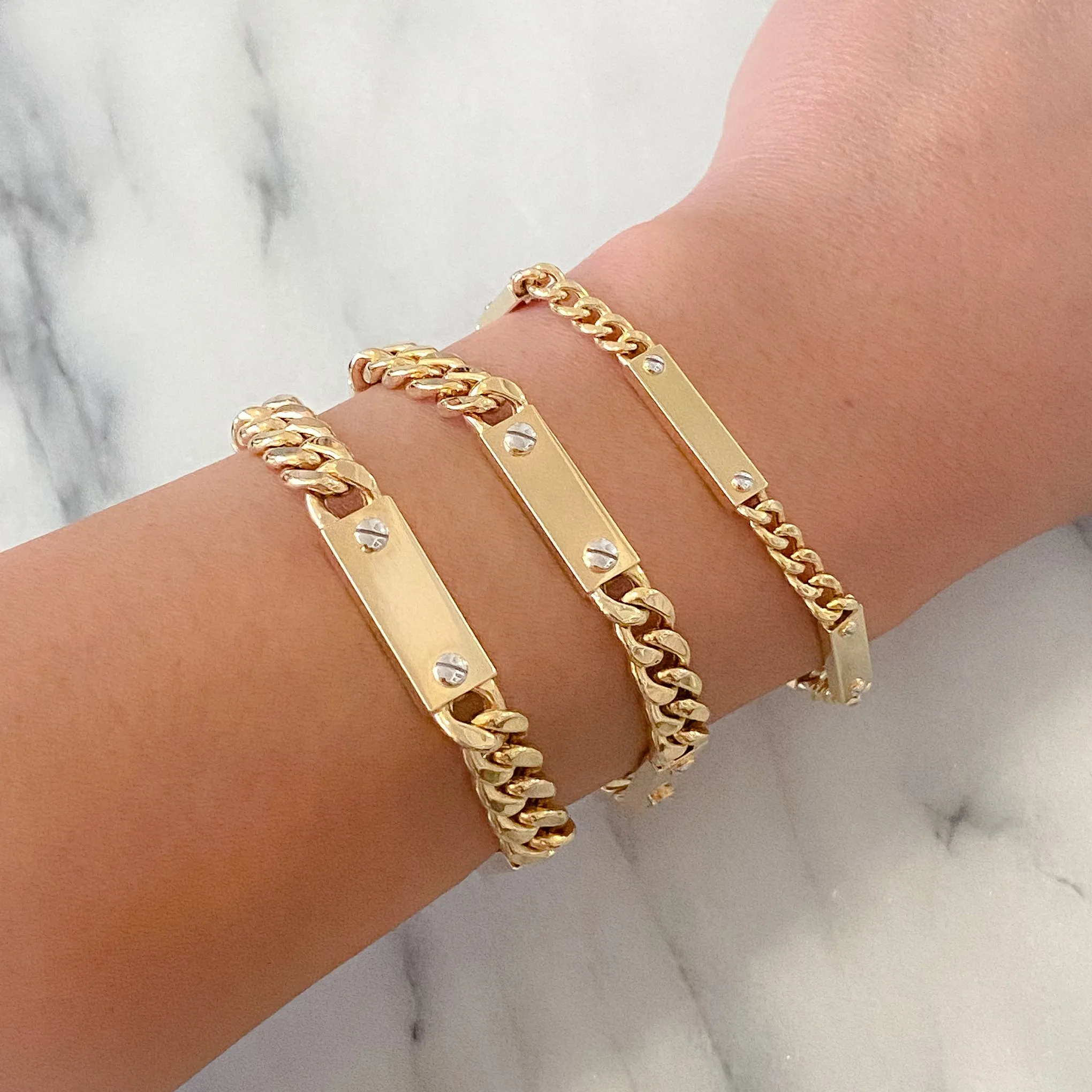 14K Gold Cuban Link Bar Chain Bracelet, Large Size Links