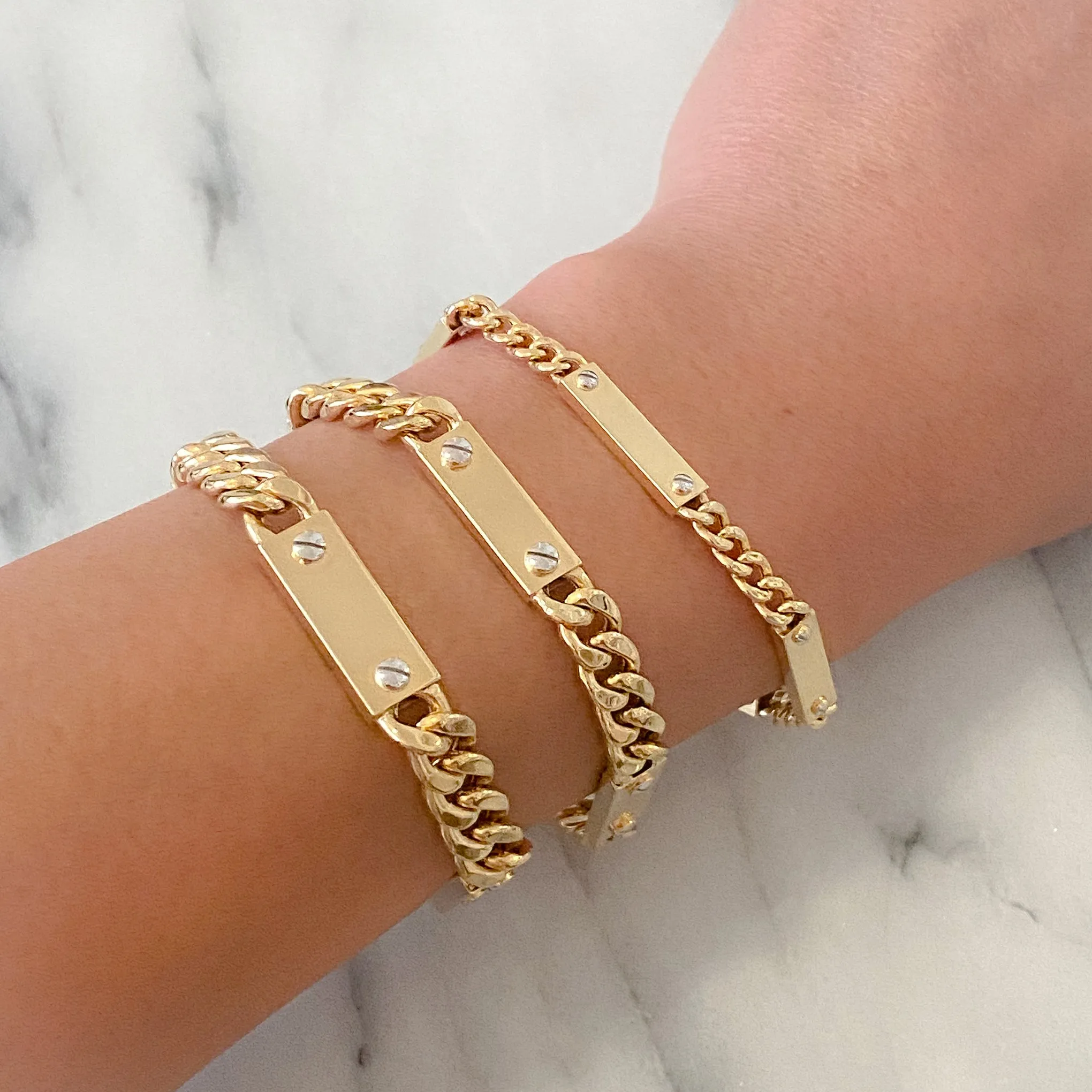 14K Gold Cuban Link Bar Chain Bracelet, Large Size Links
