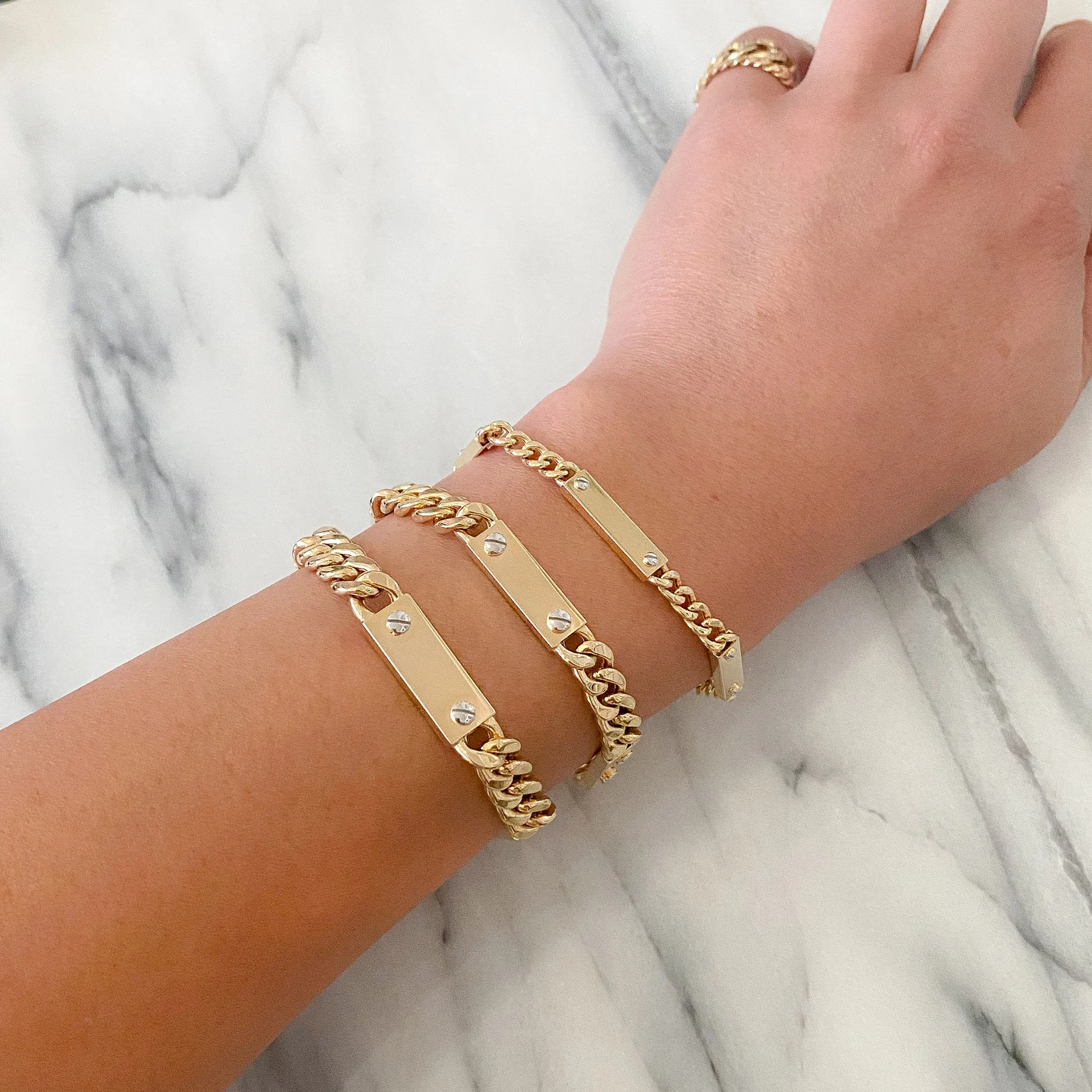 14K Gold Cuban Link Bar Chain Bracelet, Large Size Links