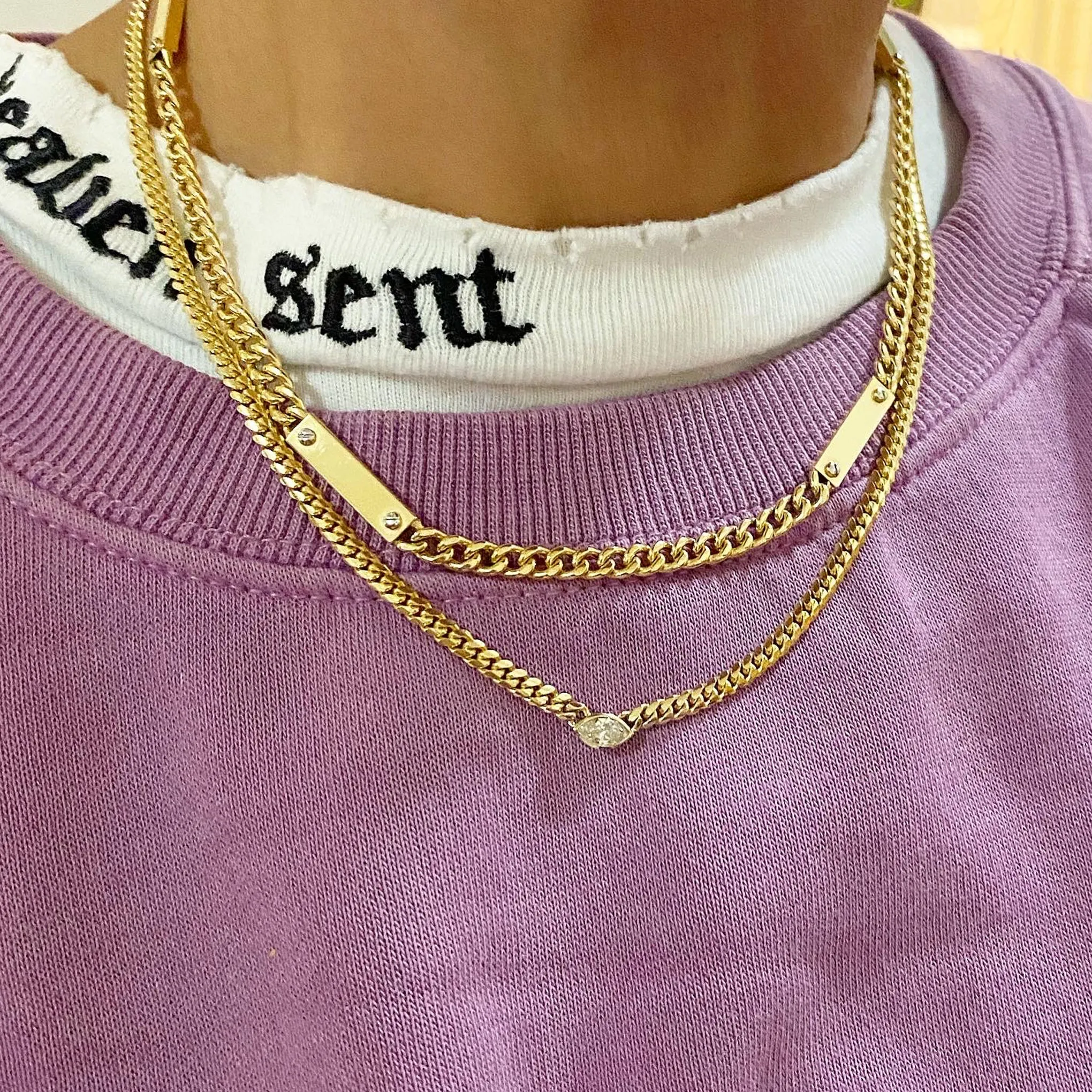 14K Gold Cuban Link Bar Chain Necklace, Small Size Link