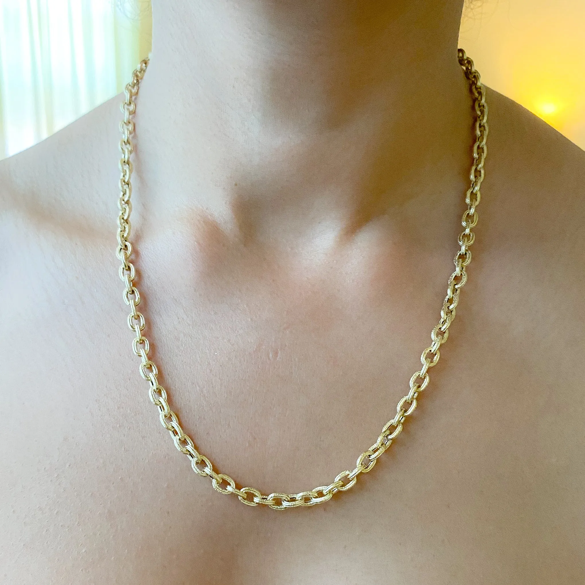 14K Gold Rustic Thick Oval Link Necklace, Small Size Links