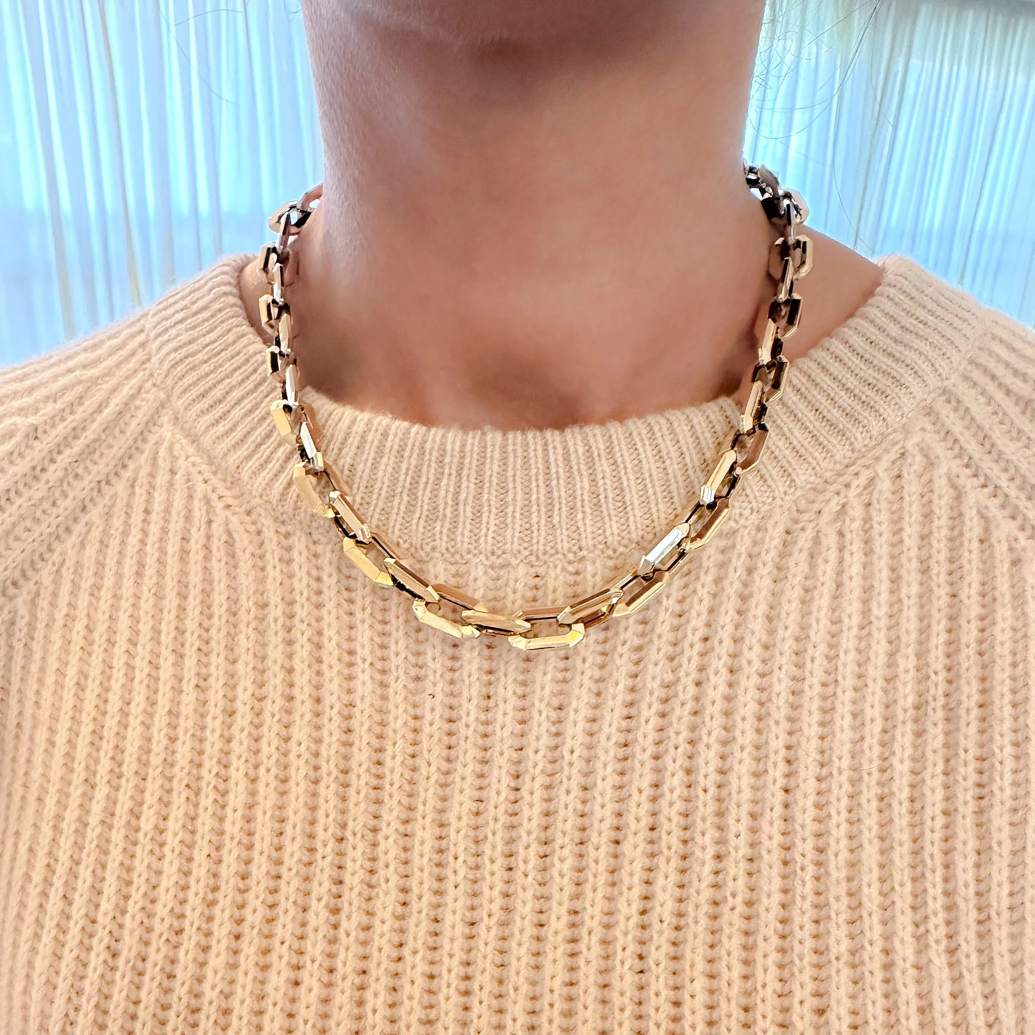 14K Gold Thick Faceted Octagonal Link Necklace