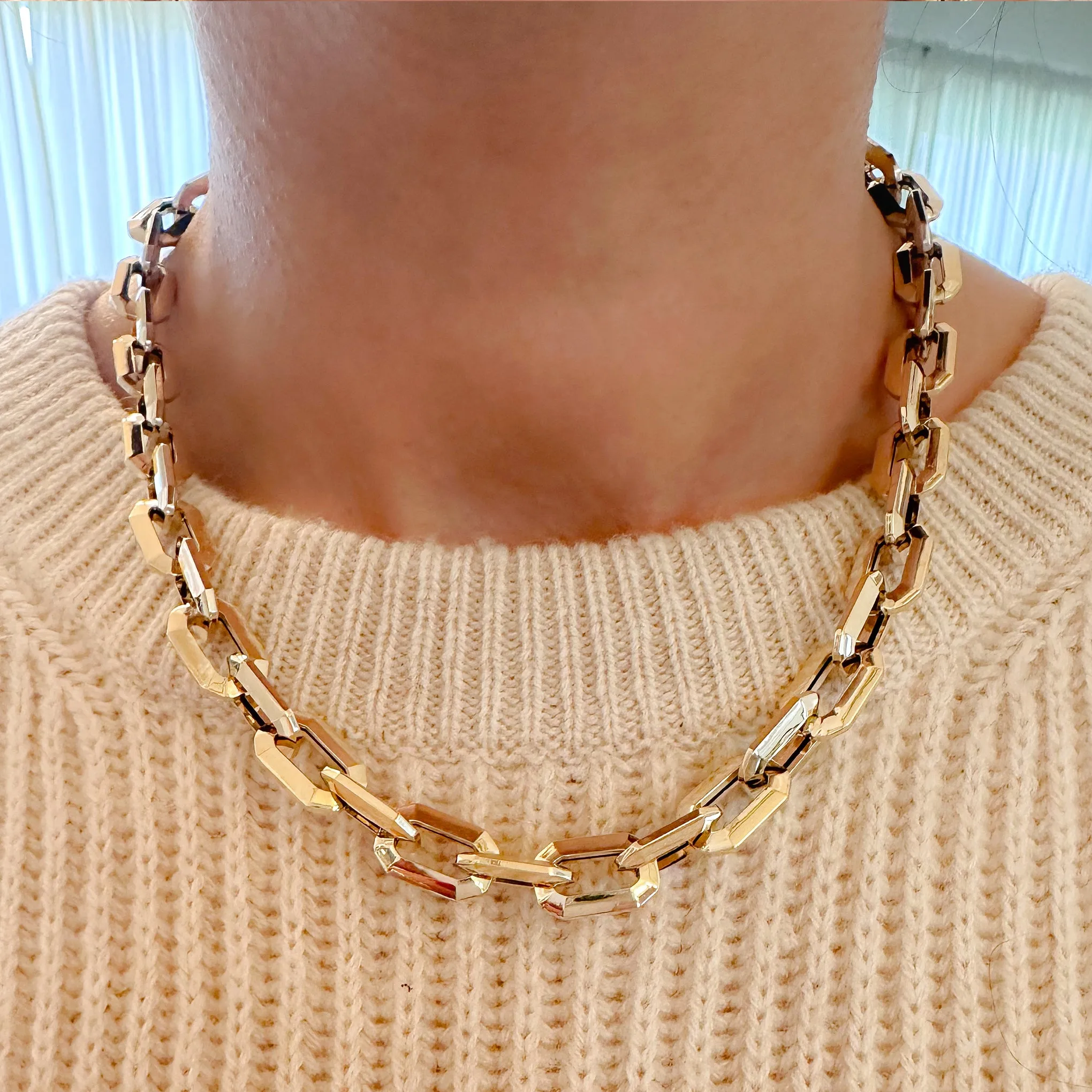 14K Gold Thick Faceted Octagonal Link Necklace