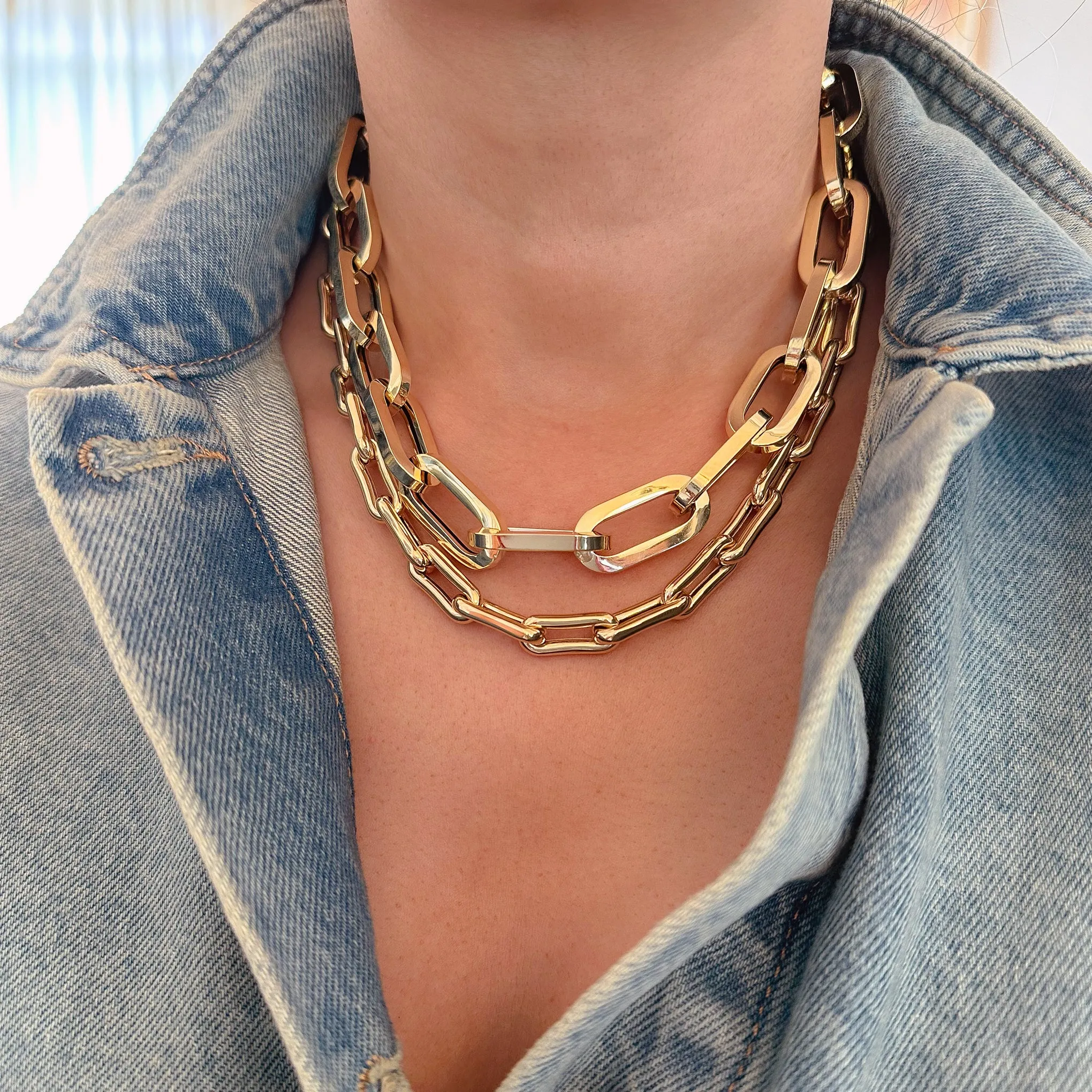 14K Gold Thick Oval Bone Link Chain Necklace