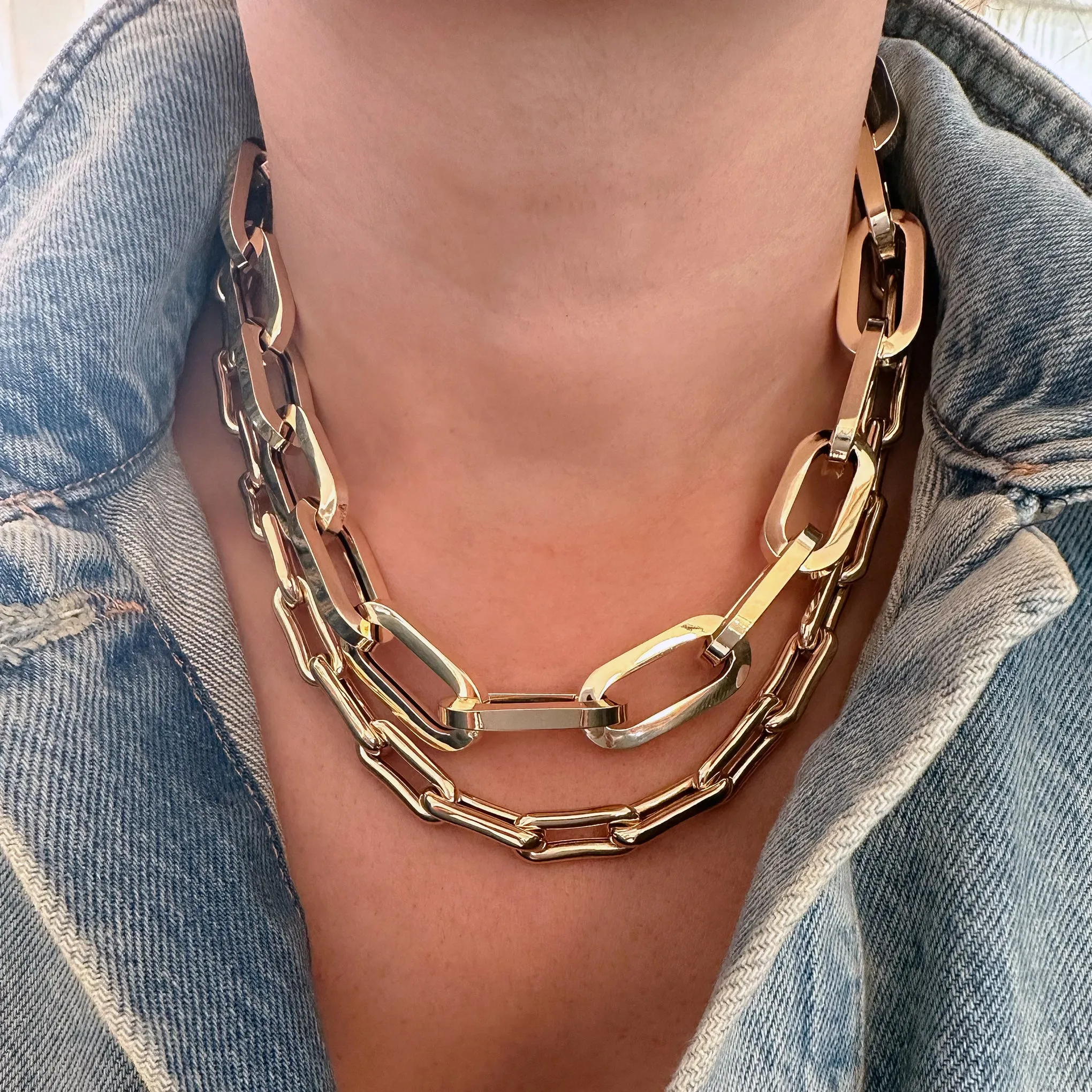 14K Gold Thick Oval Bone Link Chain Necklace