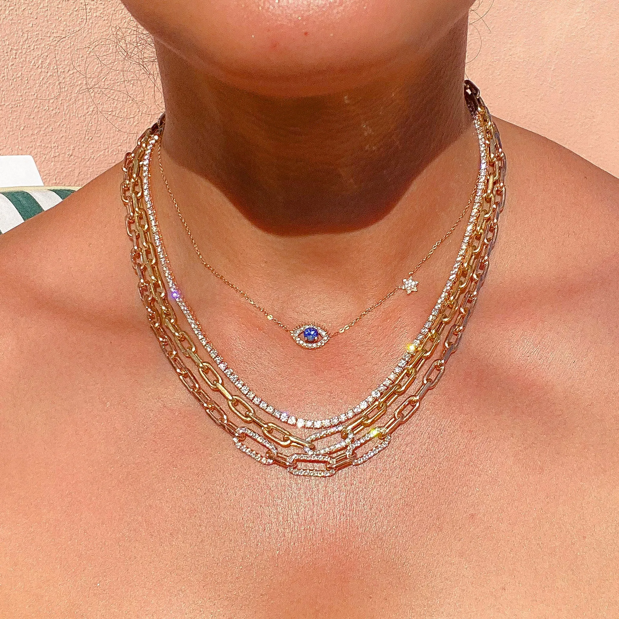 14K Gold Triple Diamond Thick Oval Link Necklace ~ Small Size Links