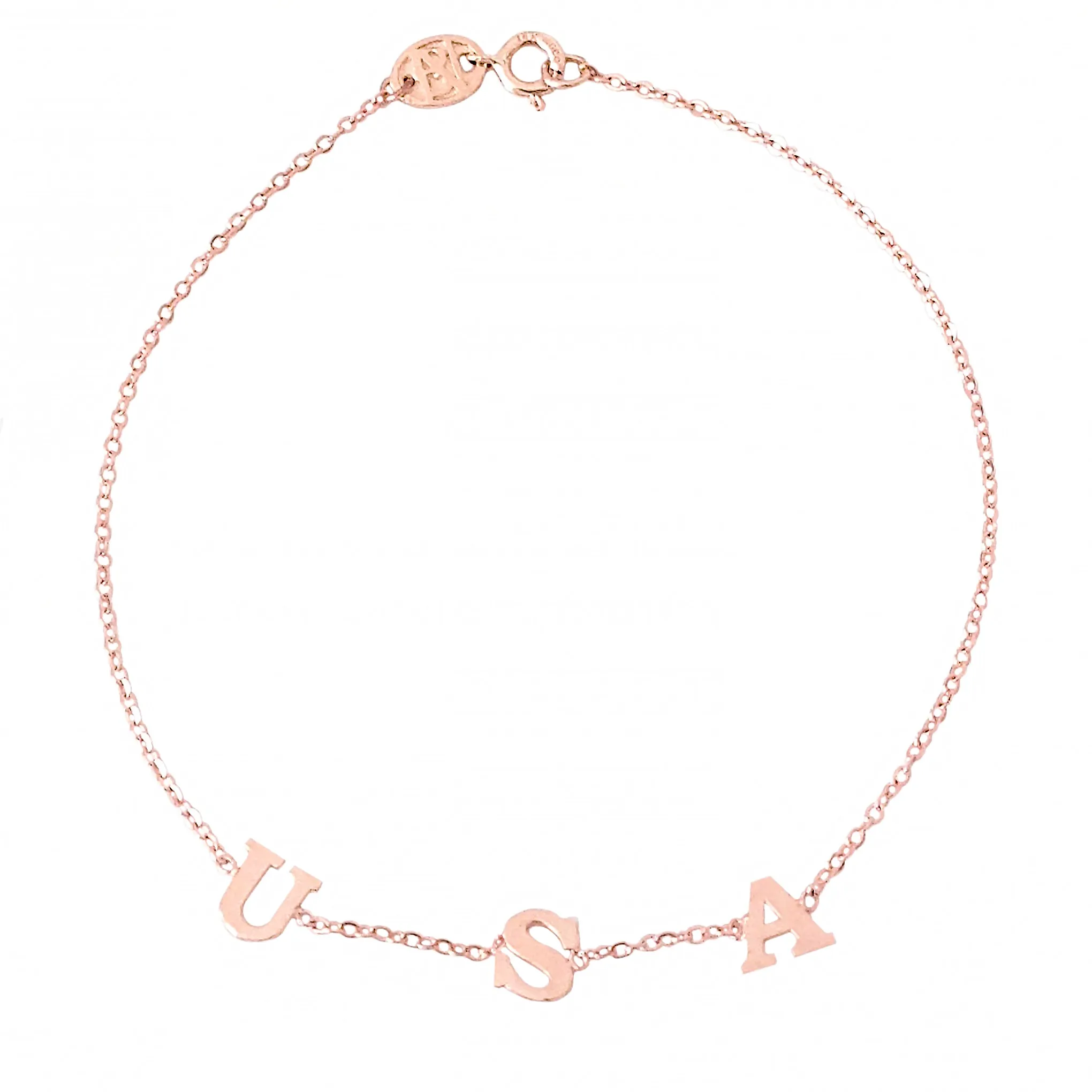 14K Gold Triple Initial Monogram Charm Pendant Bracelet