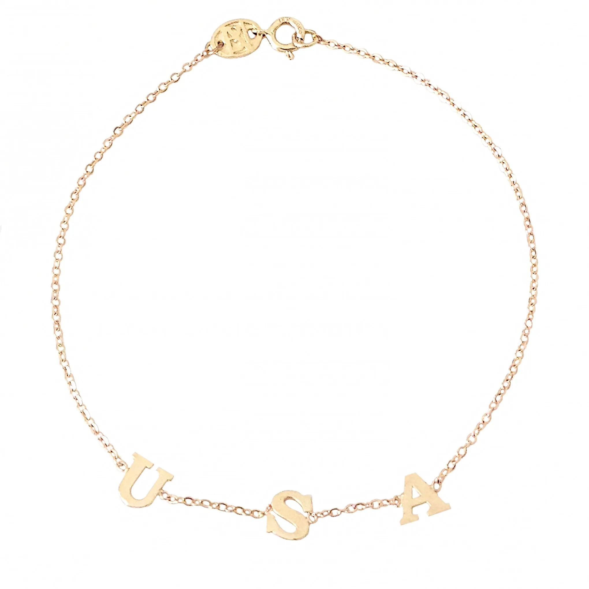 14K Gold Triple Initial Monogram Charm Pendant Bracelet