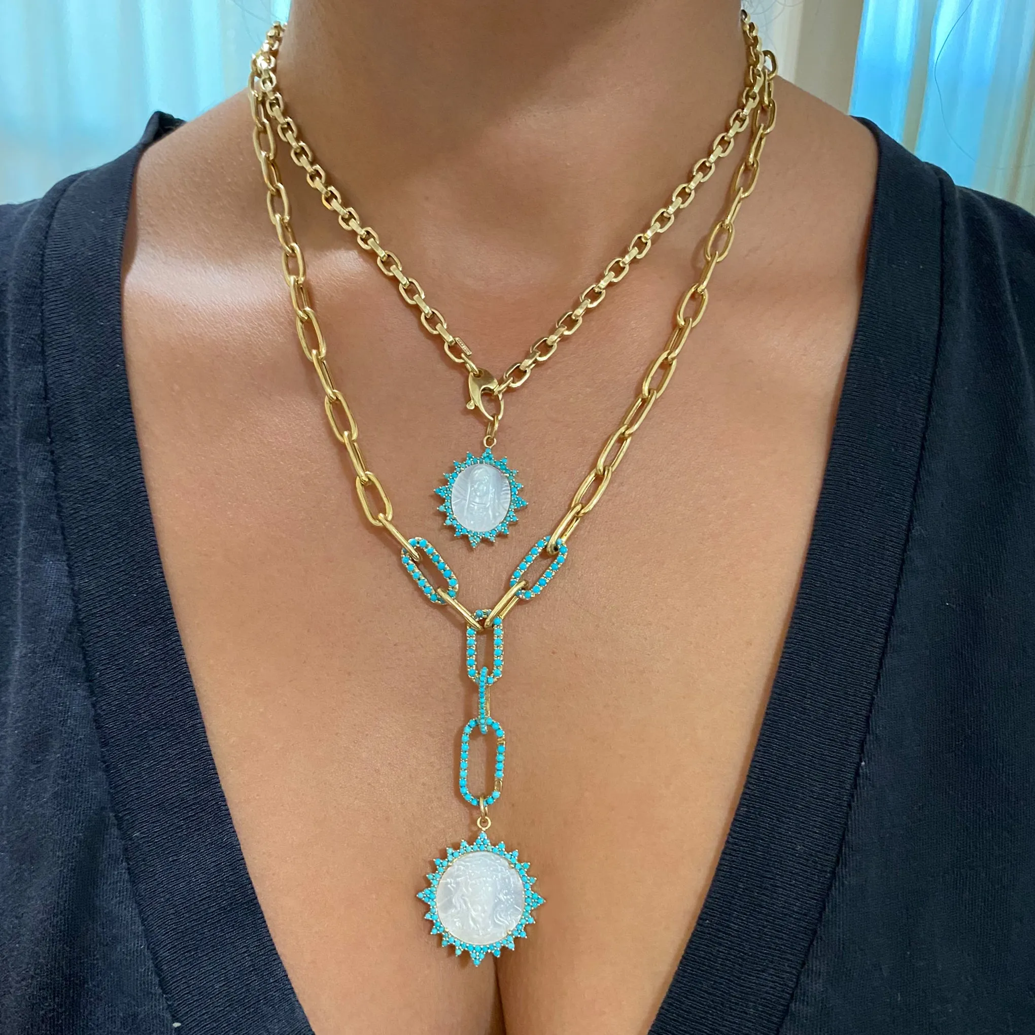 14K Gold Triple Turquoise Thick Oval Link Necklace
