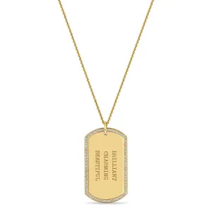 14k Large Engraved Dog Tag with Pavé Diamond Border Necklace