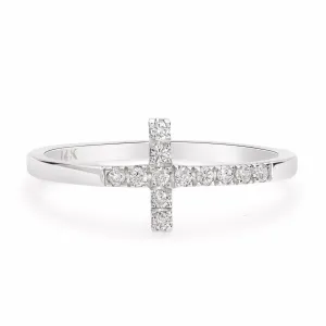 14k White Gold 0.15 CTW Round Natural Diamond Sideways Cross Ring Size 6