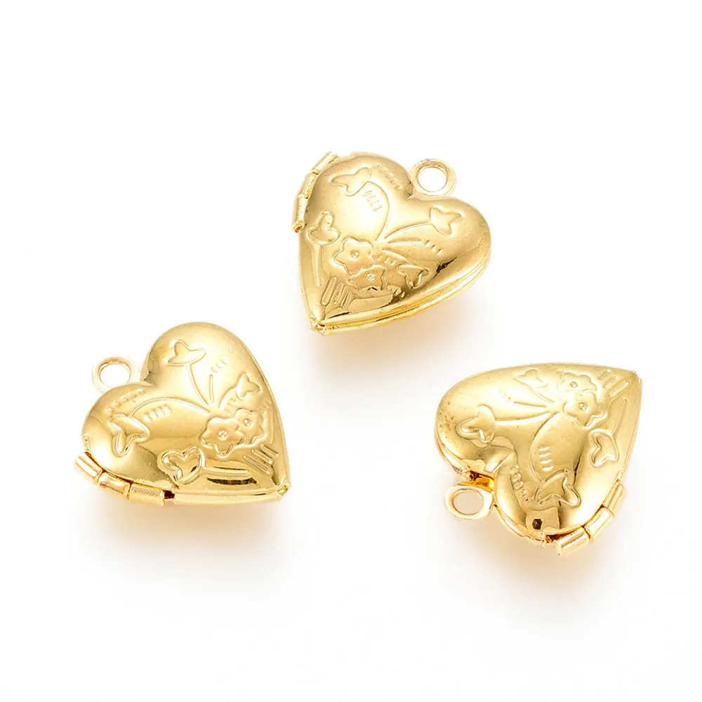 15.2x13.2x4.6mm, Brass Locket Pendants, Photo Frame Heart Charms Golden,