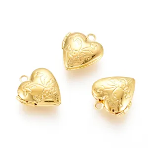 15.2x13.2x4.6mm, Brass Locket Pendants, Photo Frame Heart Charms Golden,